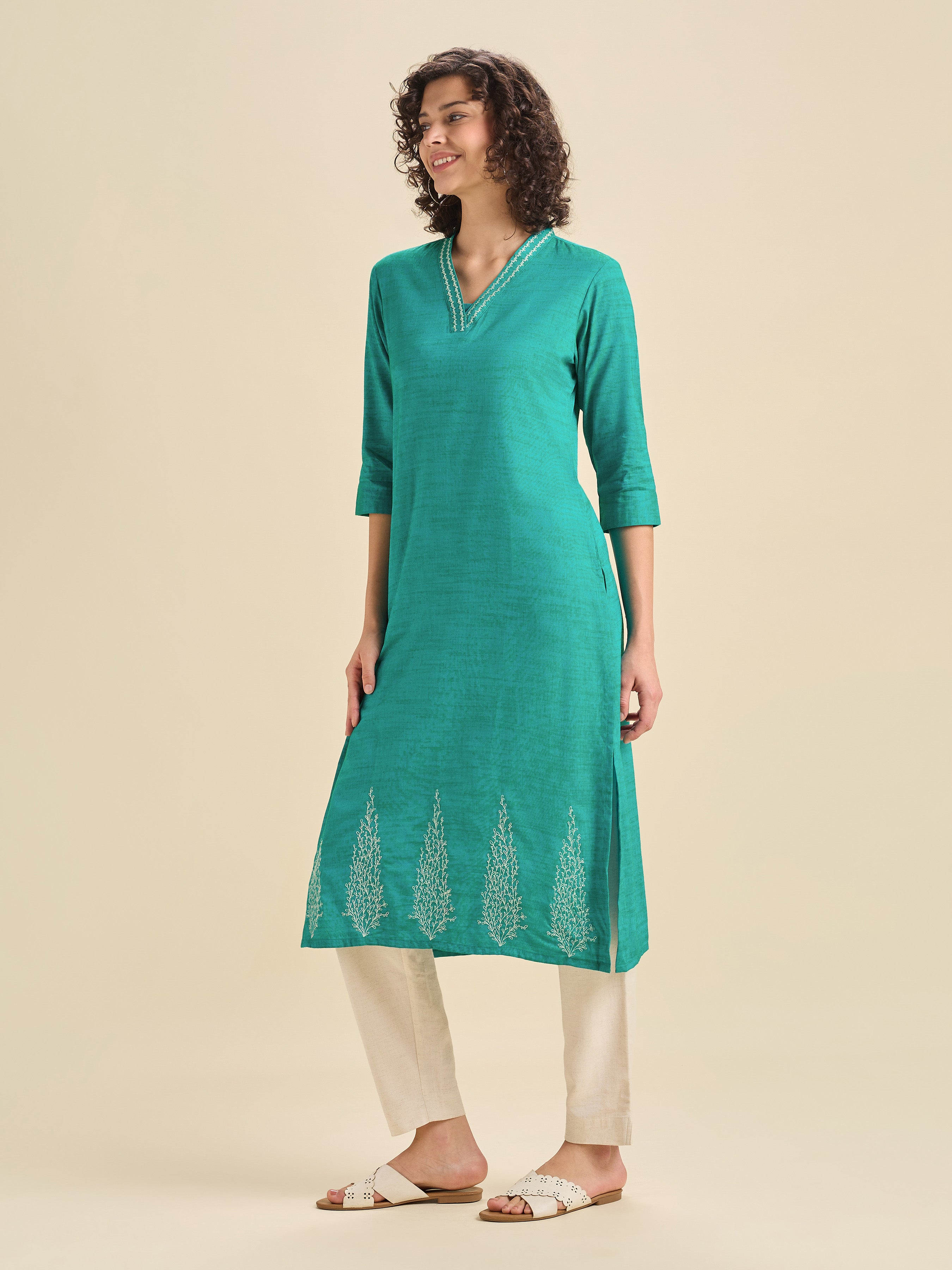 Aqua Green Cotton Viscose Kurti With Embroidery