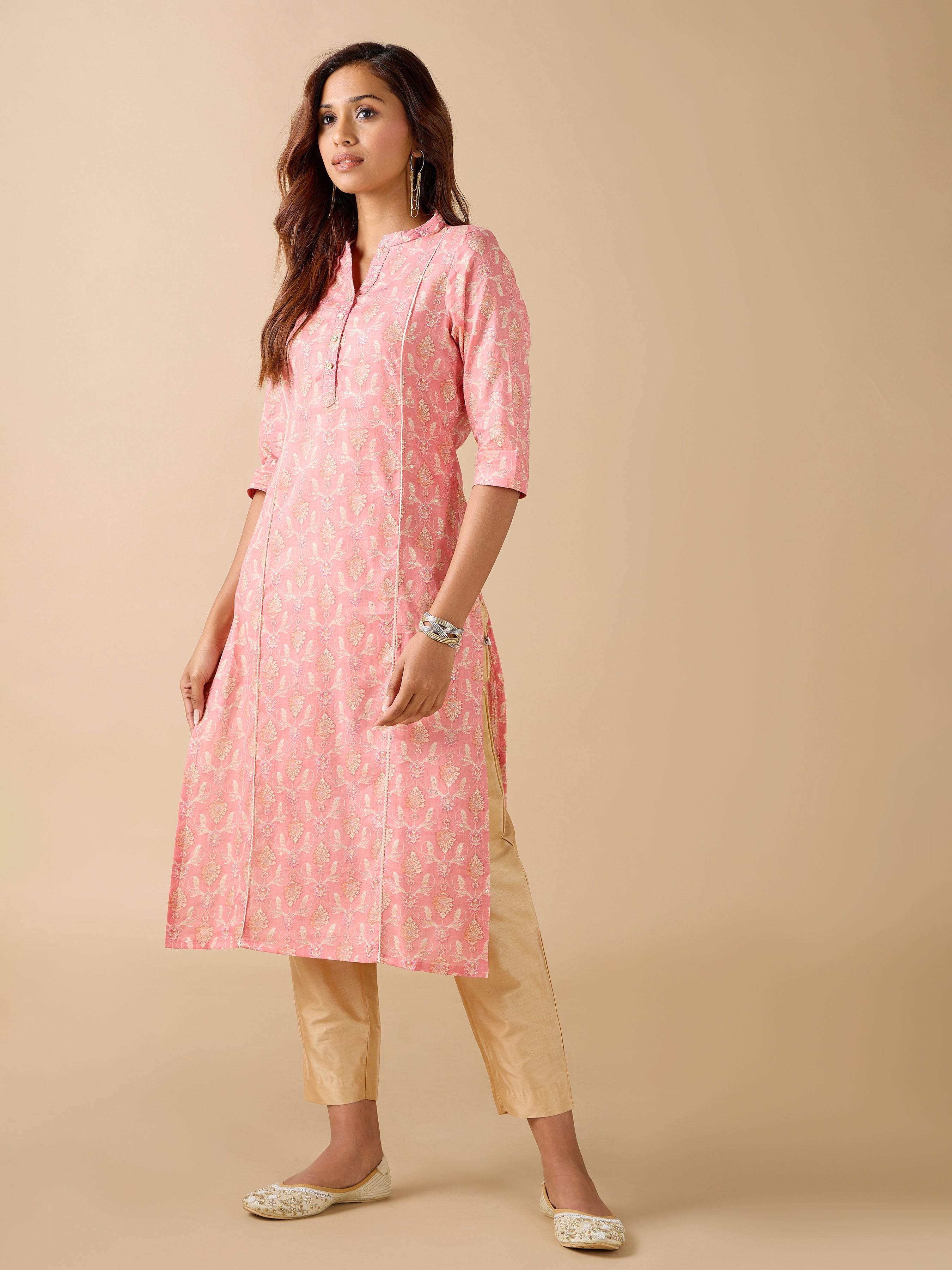 Pink Pure Cotton Foil Printed Kurti With Lace And Embroidery
