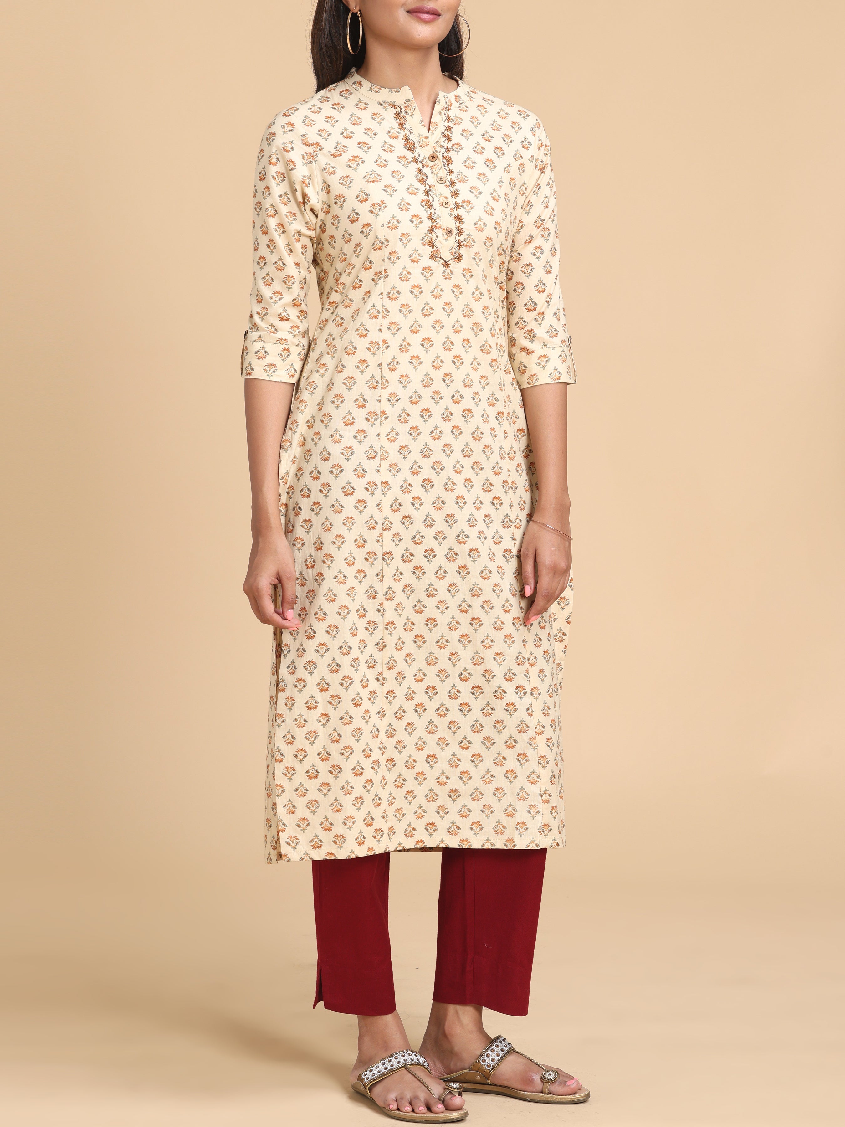 Beige Pure Cotton Printed Kurti