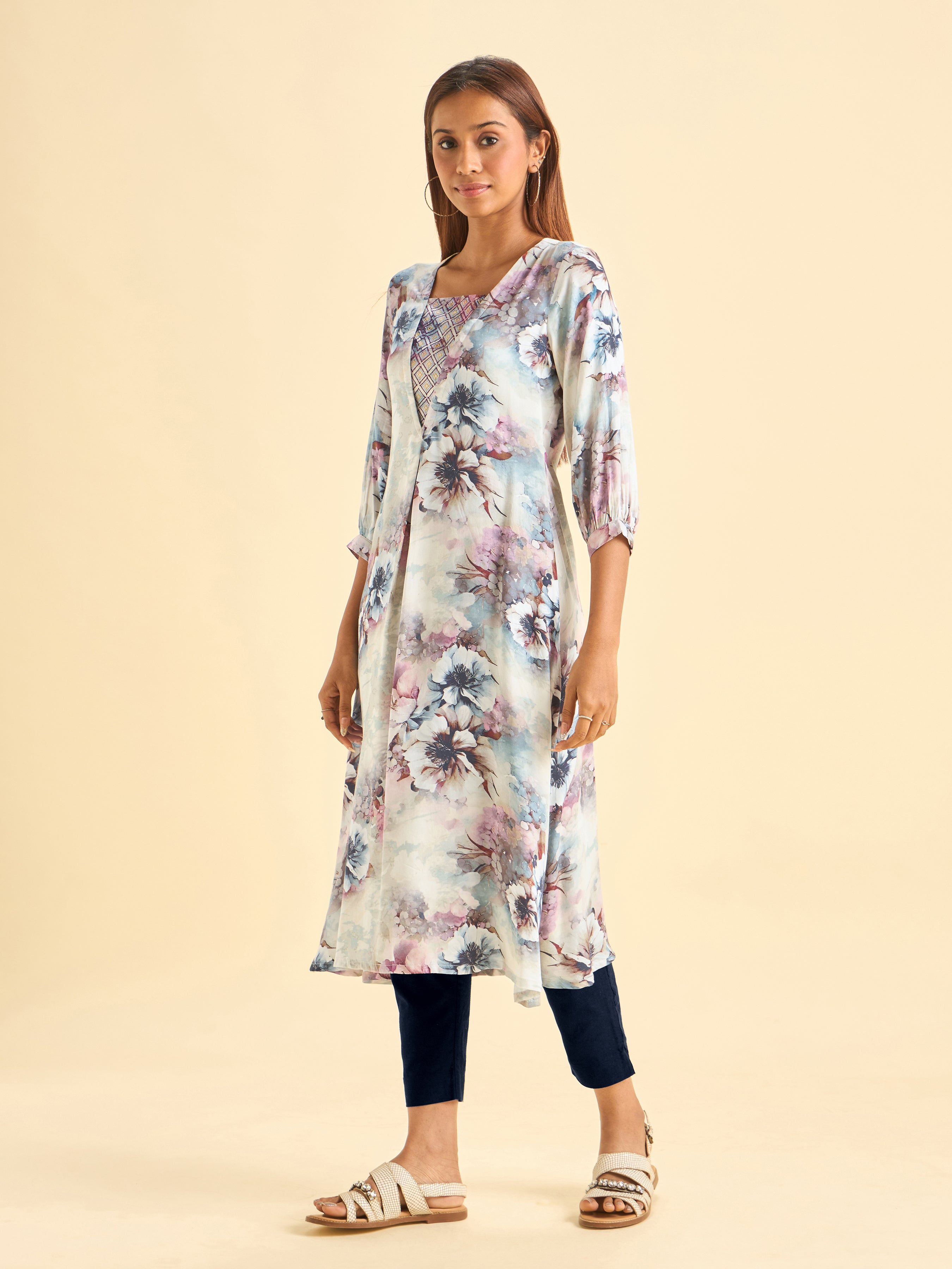 Ivory Modal Satin Printed Flared Kurti