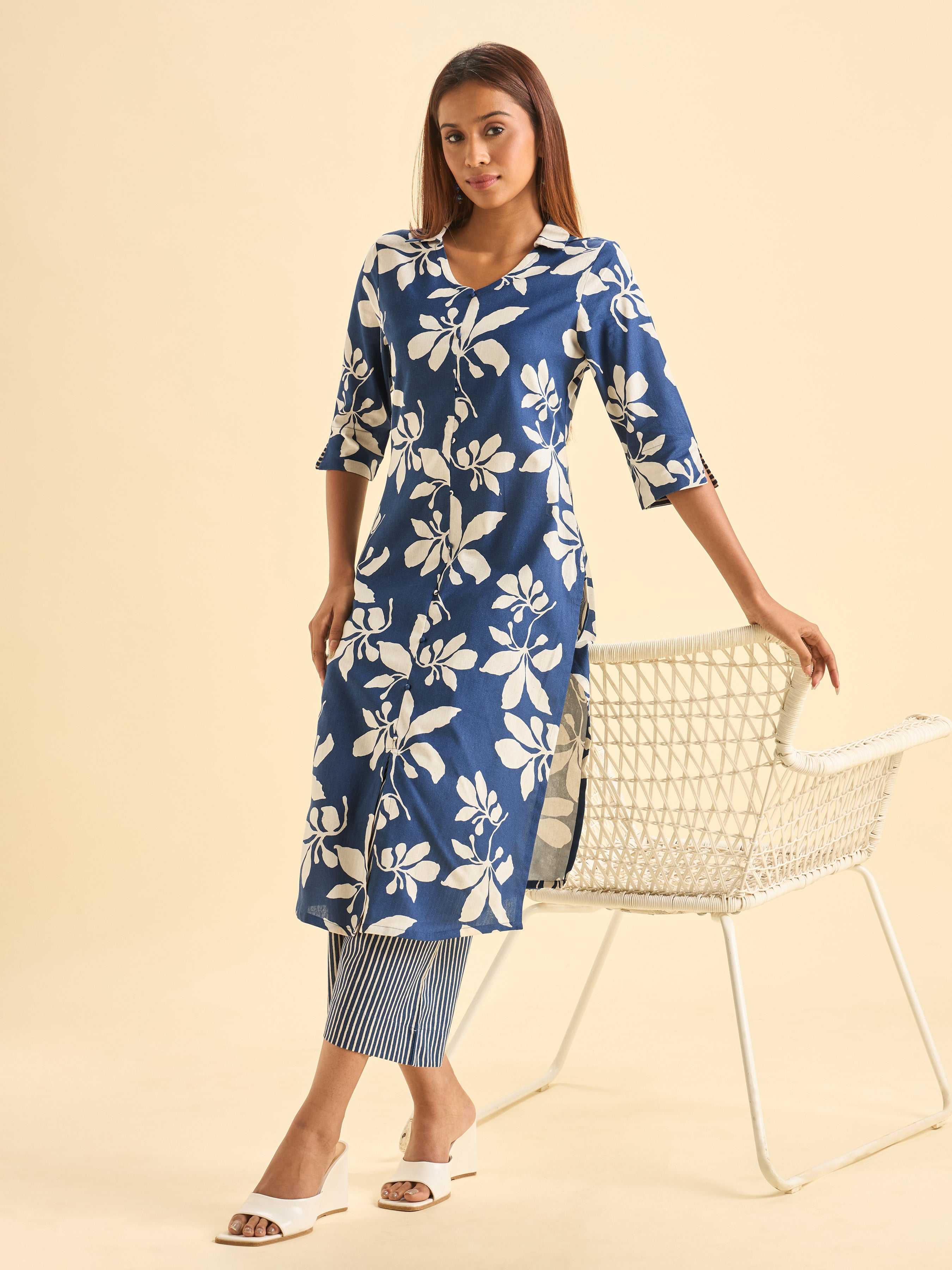 Navy Blue Cotton Flax Printed Slited Kurti Set