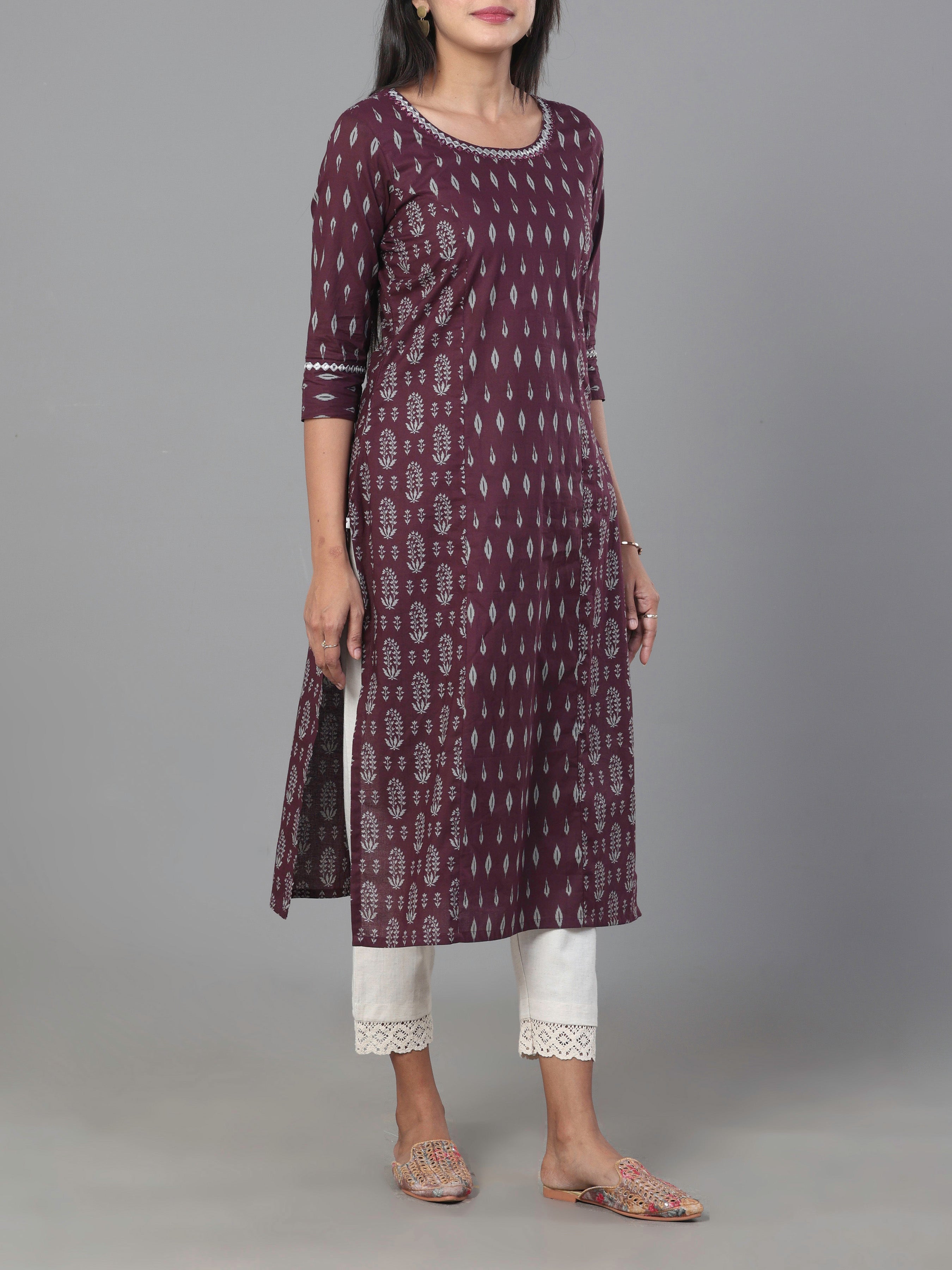 Wine Red Pure Cotton Printed Kurti With Mirror Work