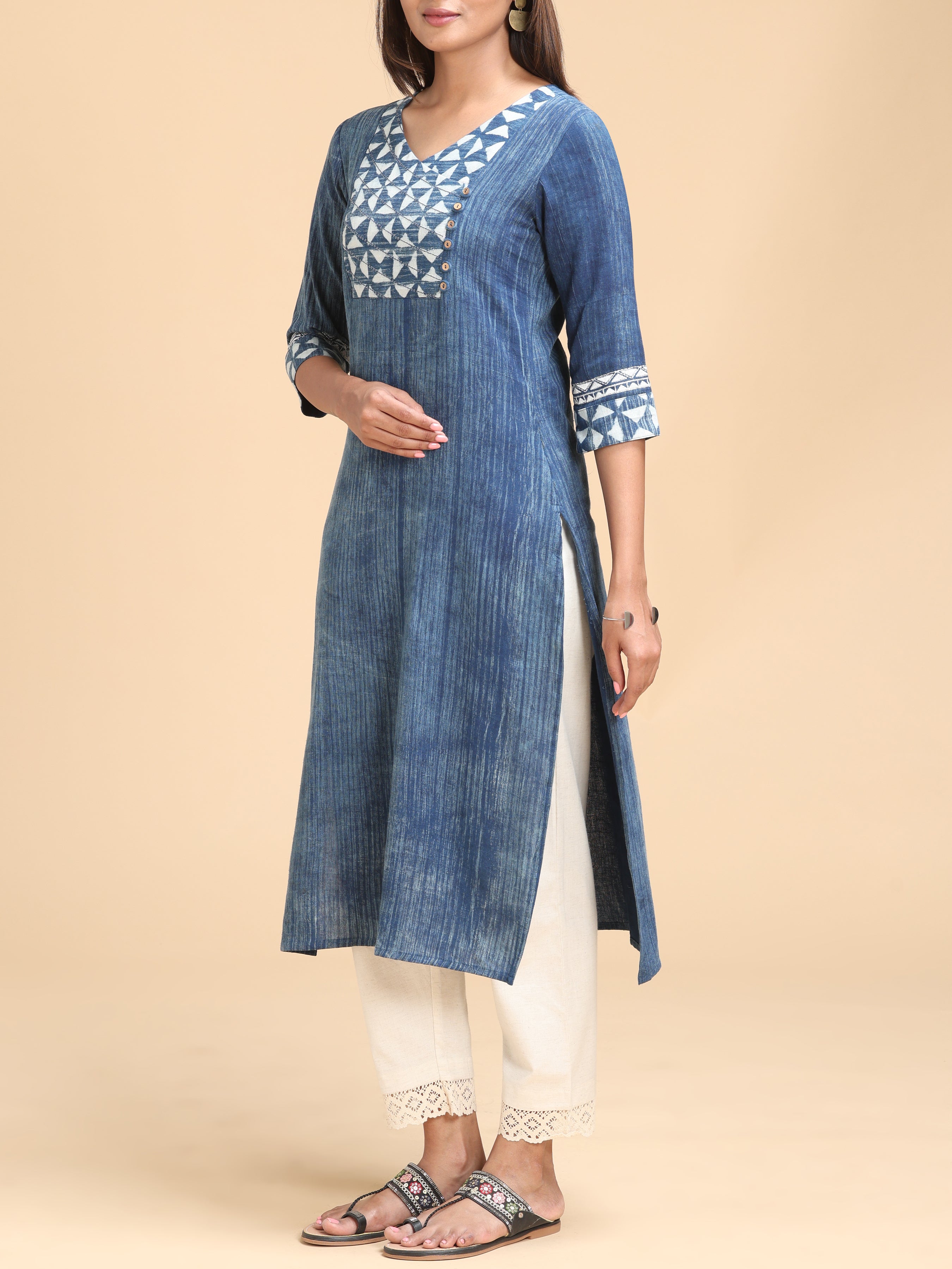 Blue Cotton Flax Kurti With Sequins Work