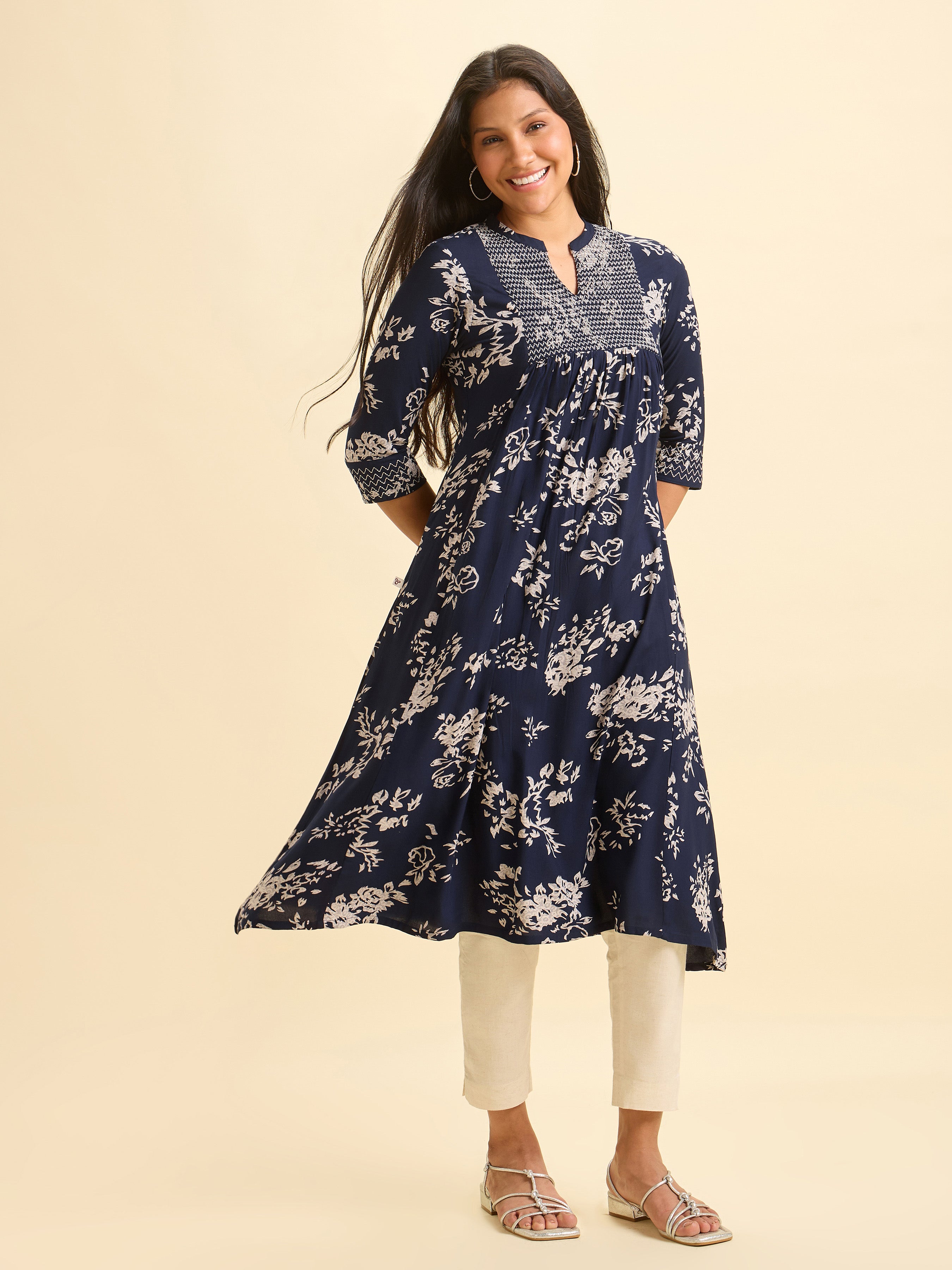 Navy Blue And Ivory Viscose Printed Flared Kurti With Smocking Embroidery