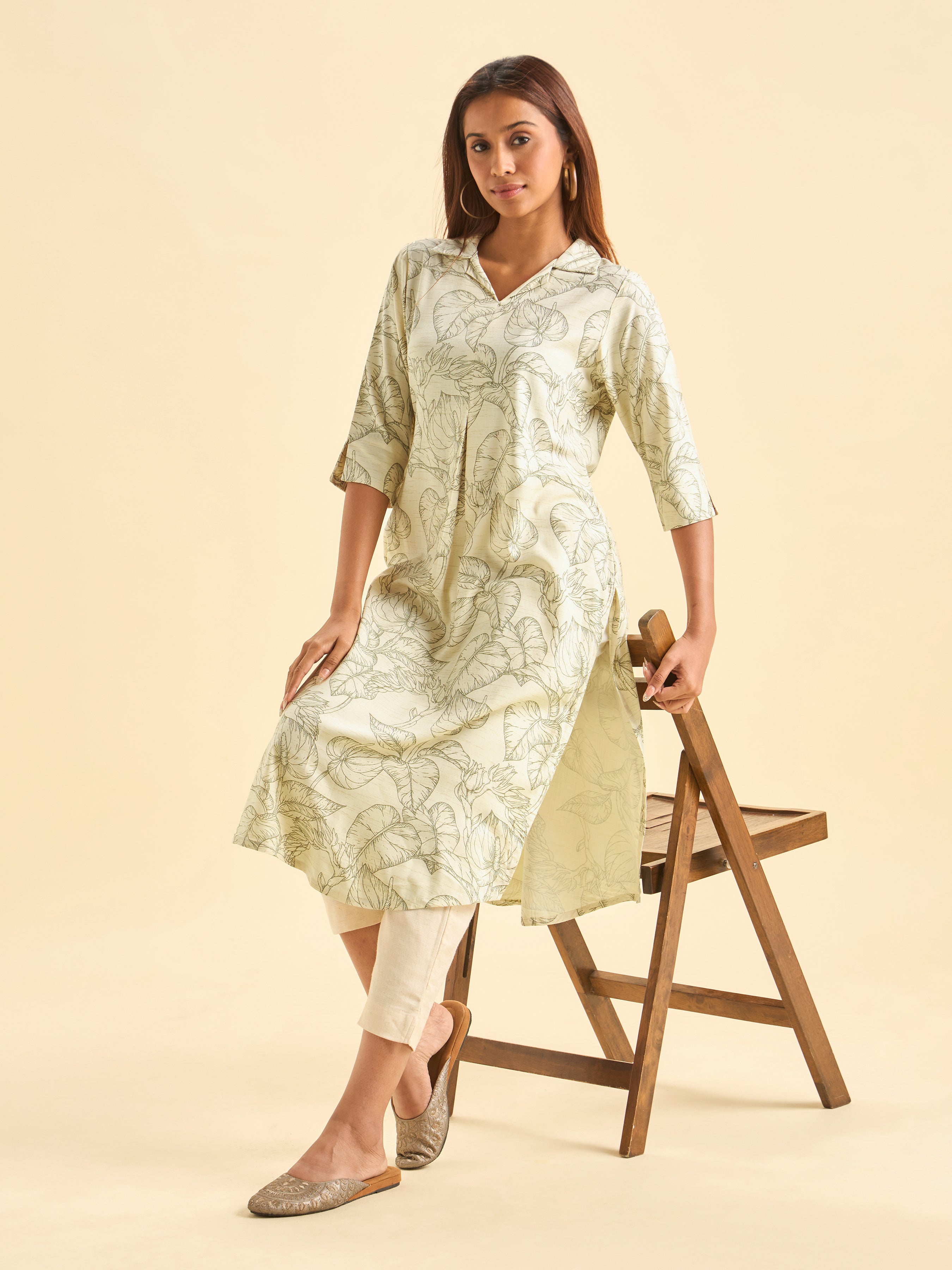 Ivory And Coffee Brown Tencel Printed Slited Kurti With Princess Cut And Libertycut