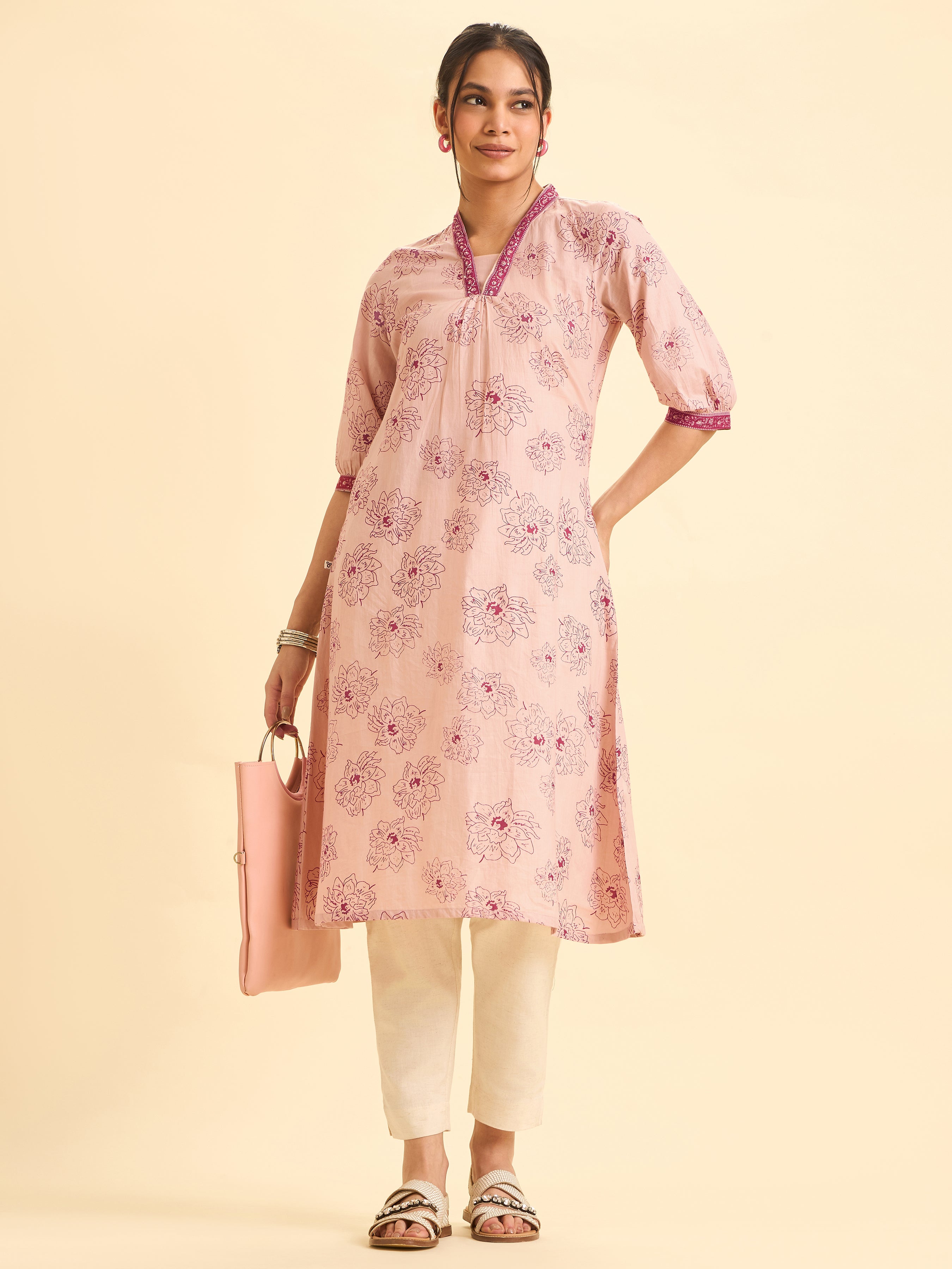 Blush Pink Pure Cotton Printe Kurti With Embroidery And Sequins Work