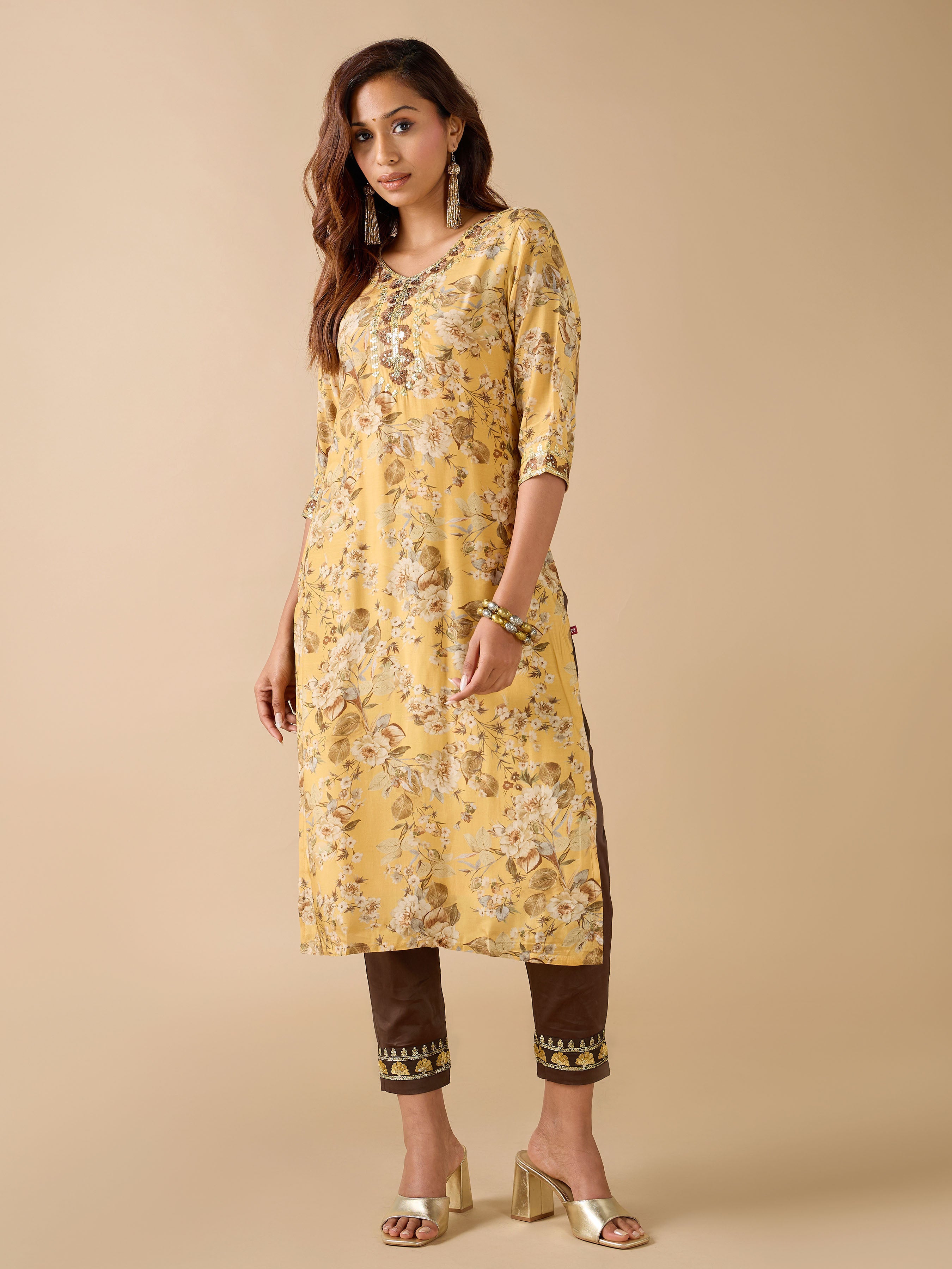 Mustard Yellow Muslin Silk Printed Kurti With Embroidery And Matching Bottom