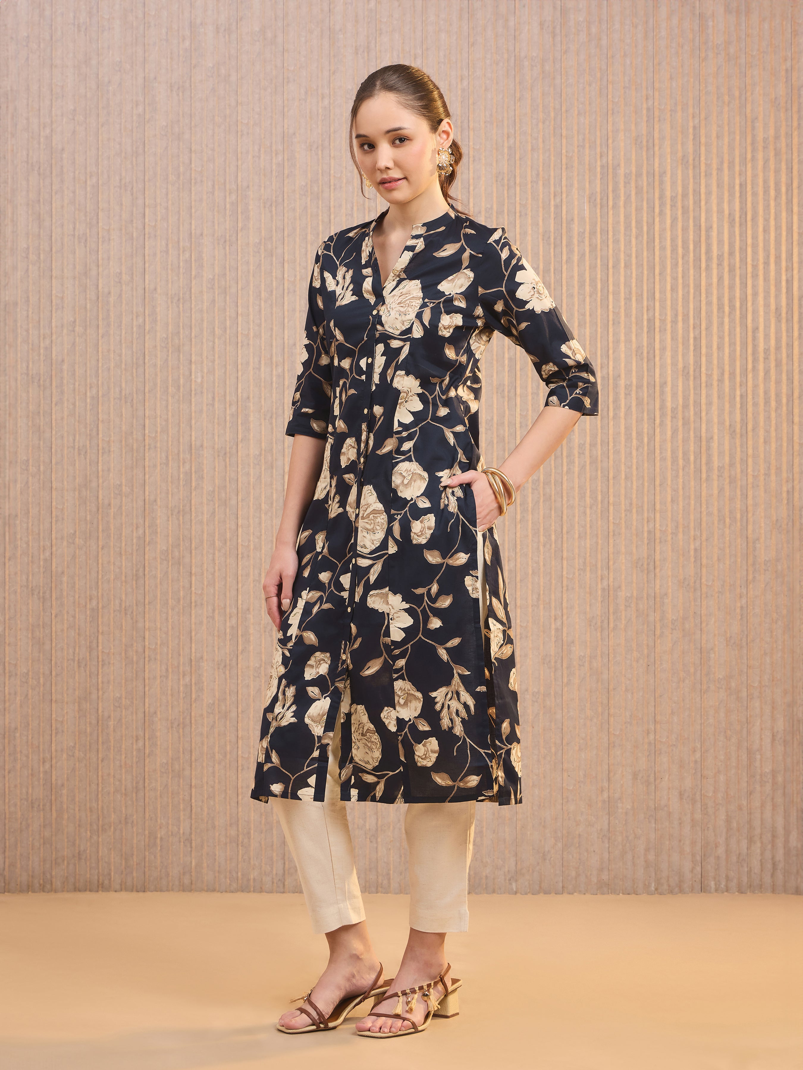 Navy Blue Pure Cotton Printed Kurti With Princess Cut