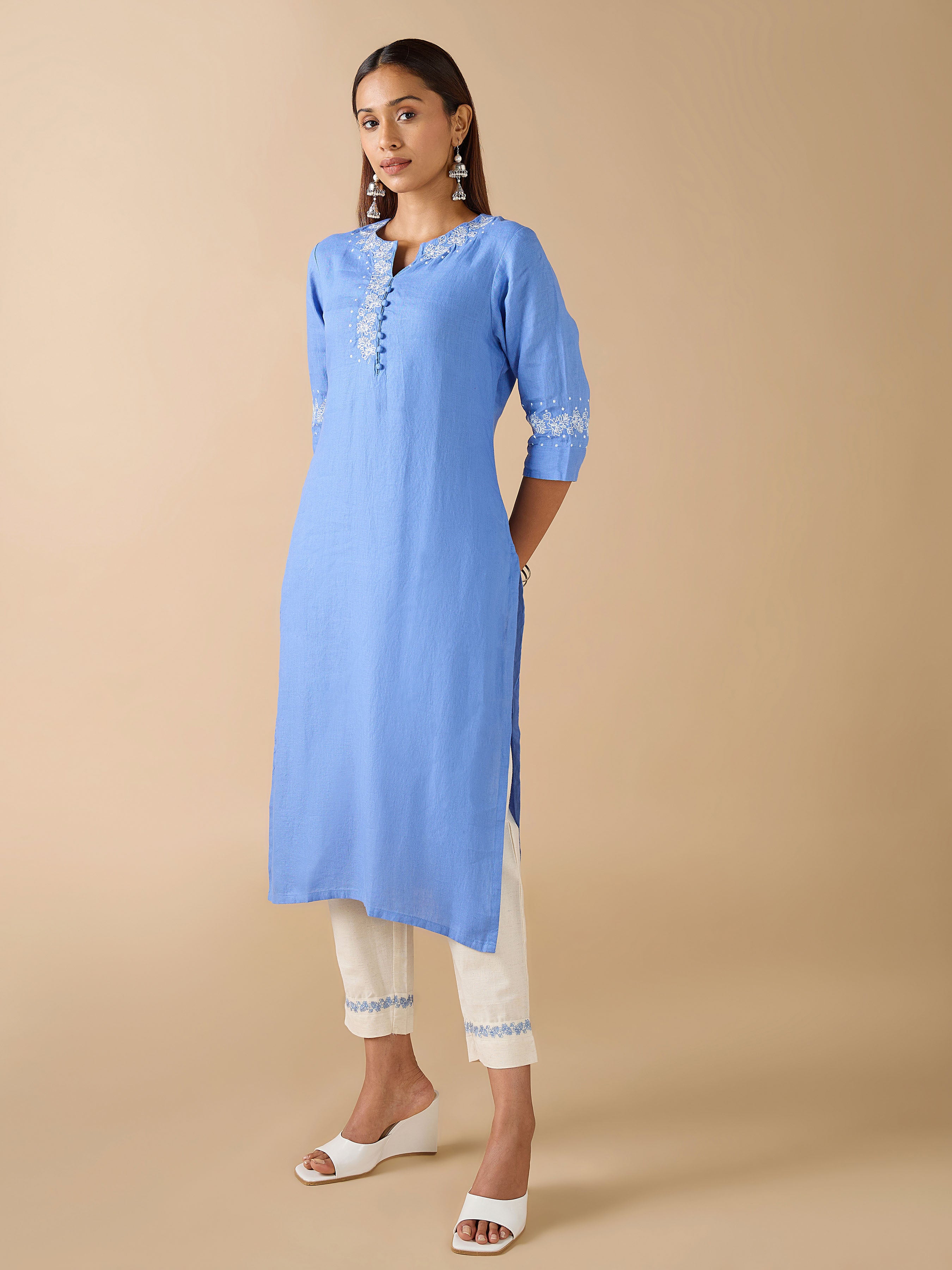 Blue Linen Plain Kurti With Embroidery And Matching Bottom