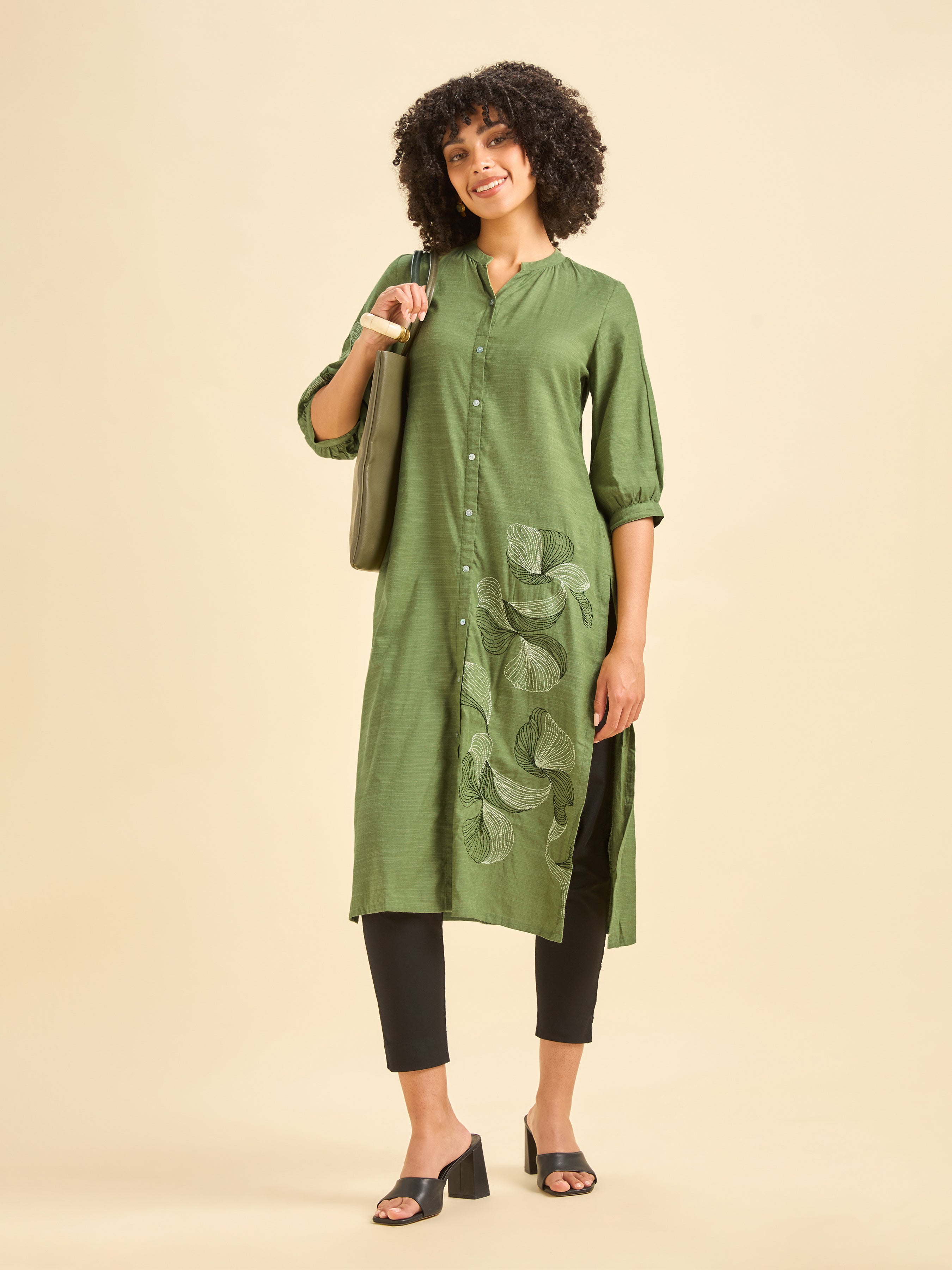 Mint Green Cotton Viscose Kurti With Embroidery