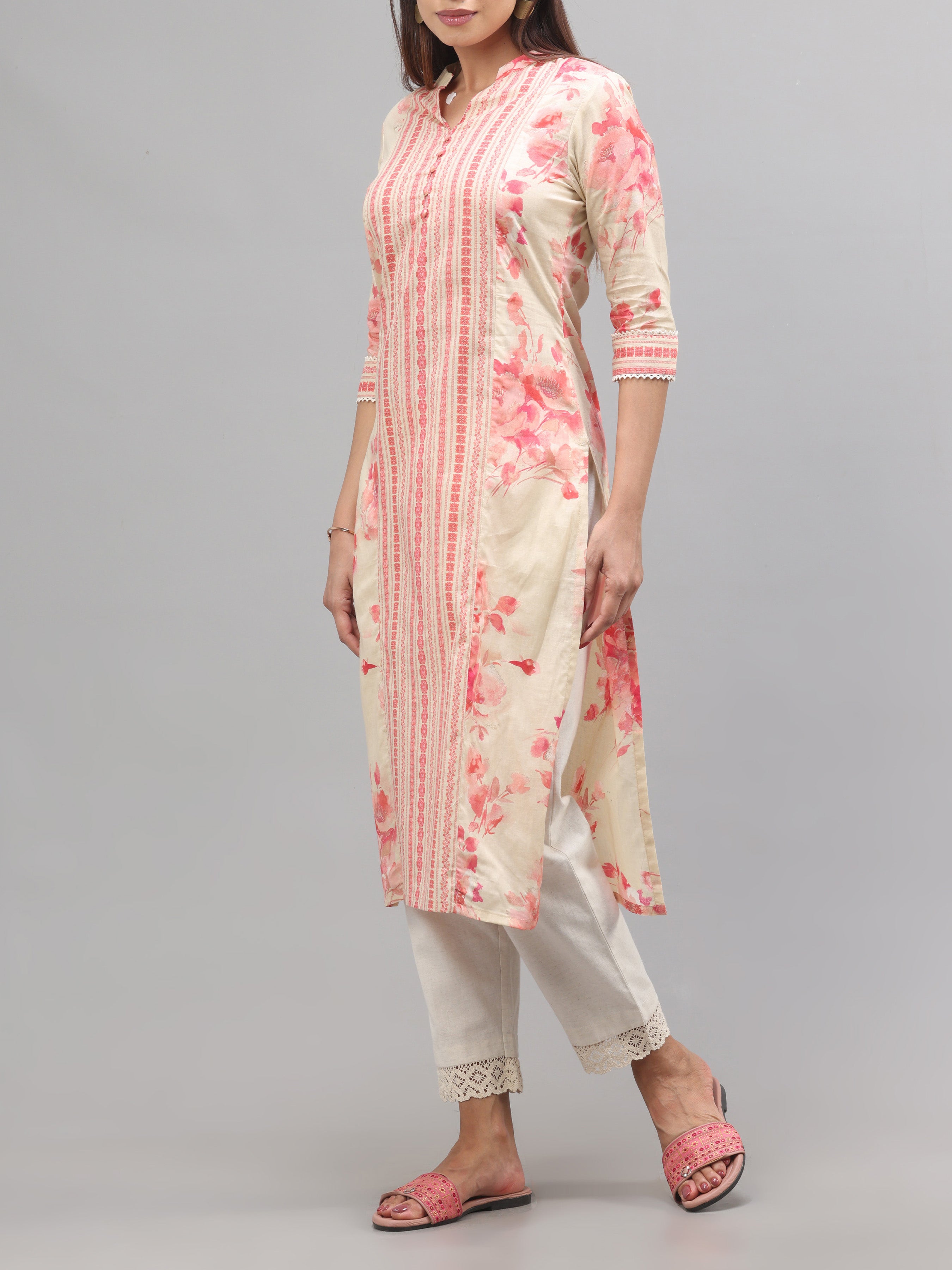 Beige And Pink Pure Cotton Printed Kurti
