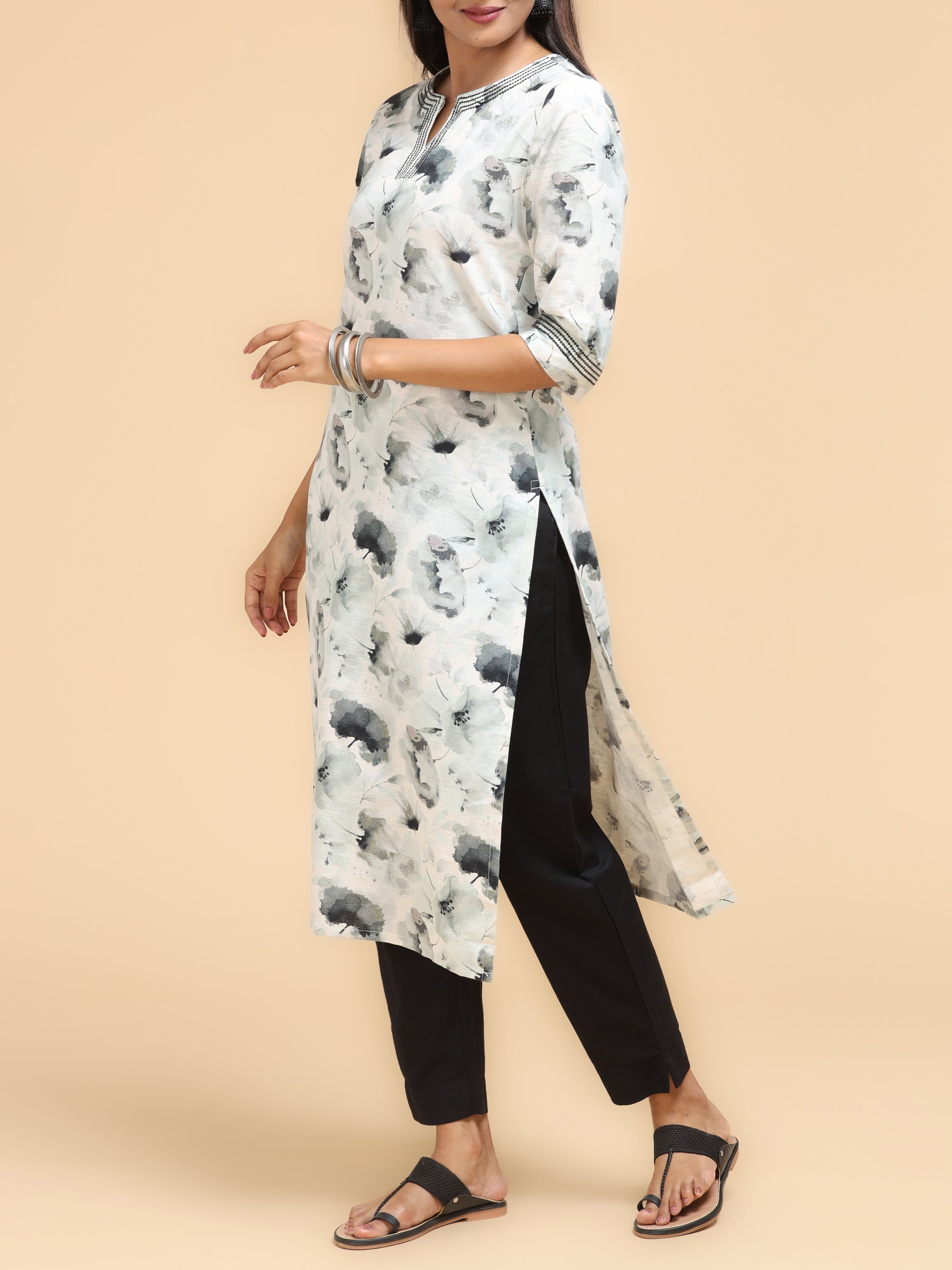Off White Viscose Cotton Kurti With Digital Print