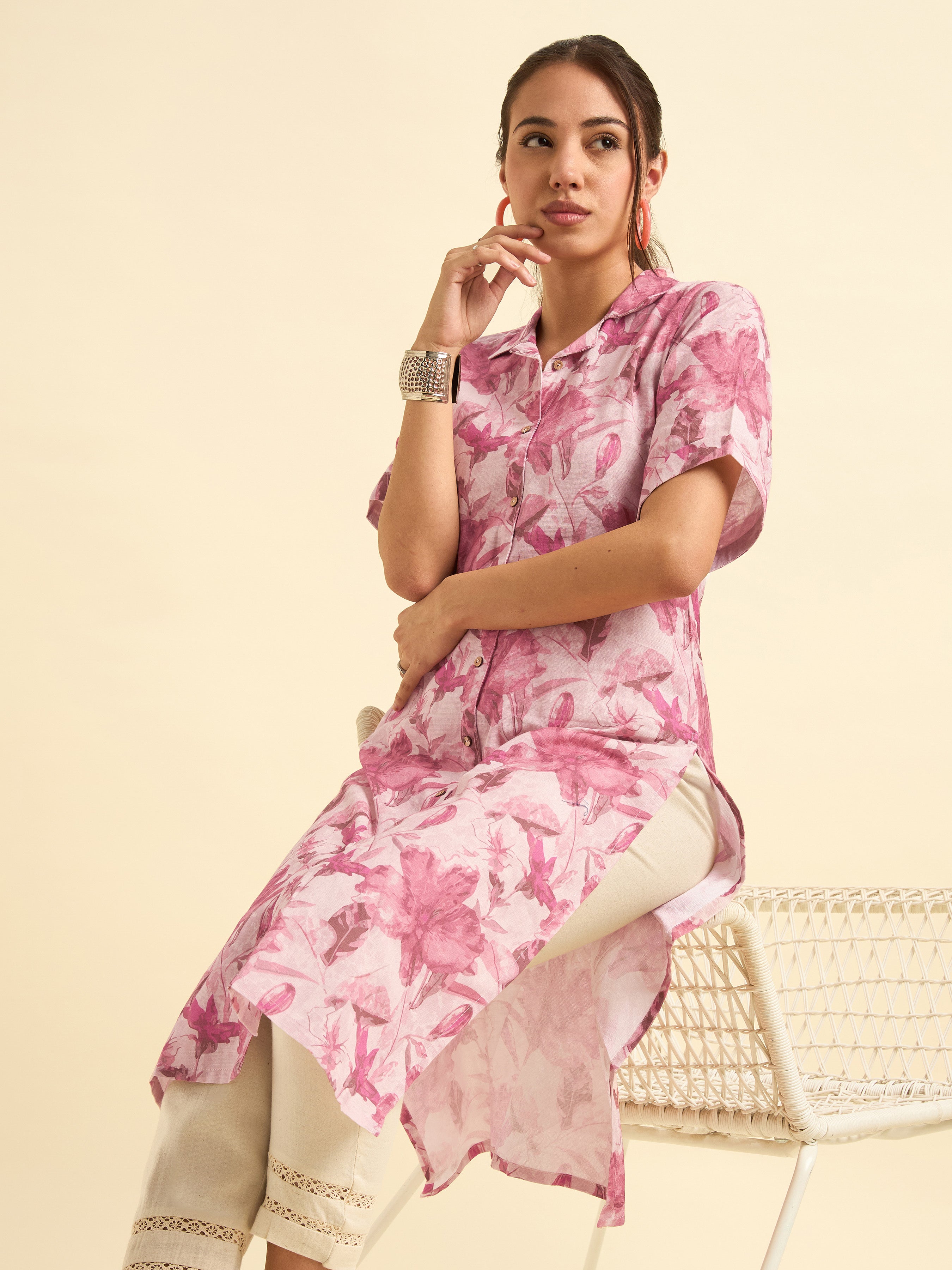 Blush Pink Cotton Slub Slited Printed Kurti With Full Placket