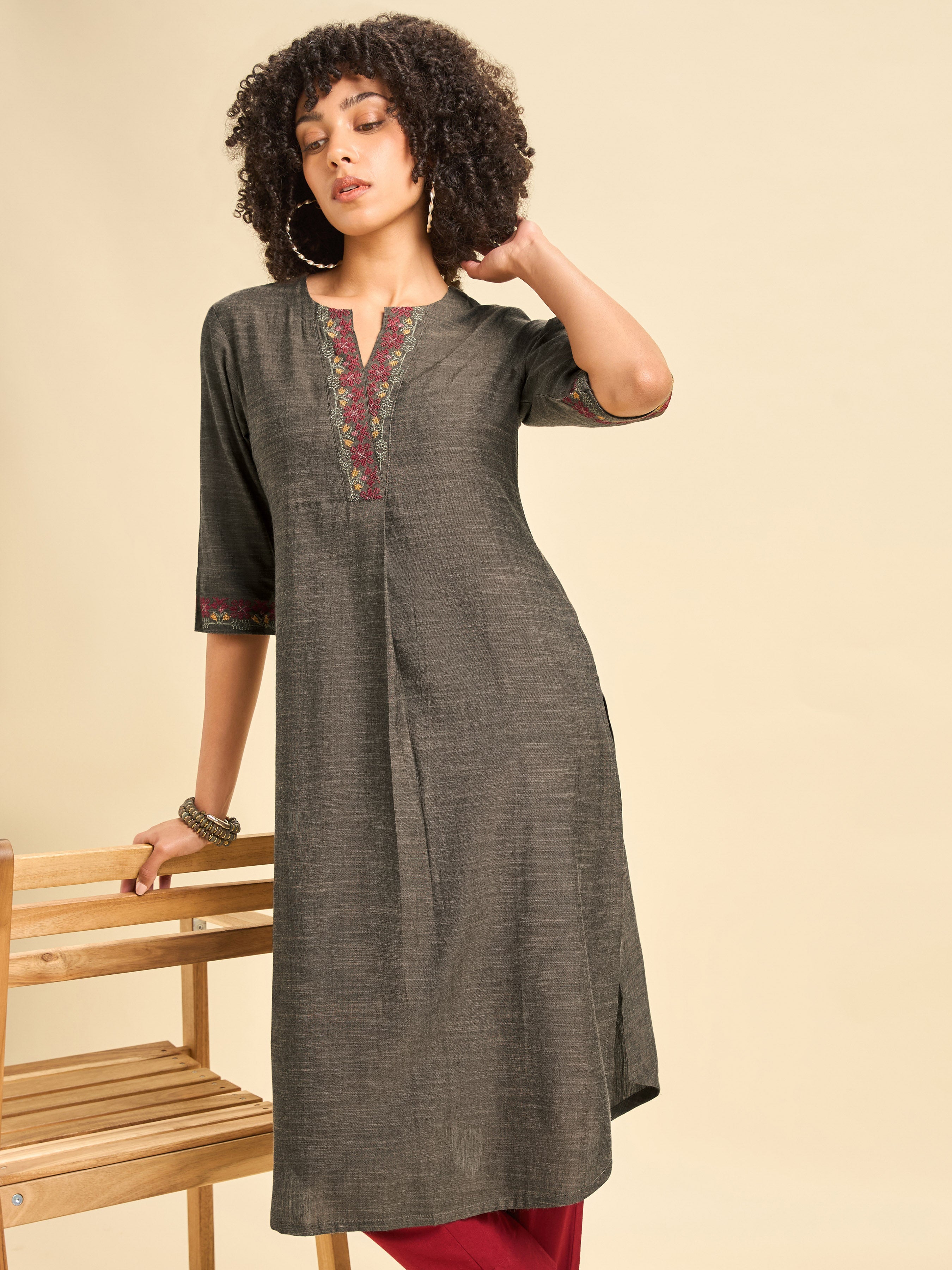 Dark Grey Cotton Viscose Kurti With Cross Stitch Embroidery