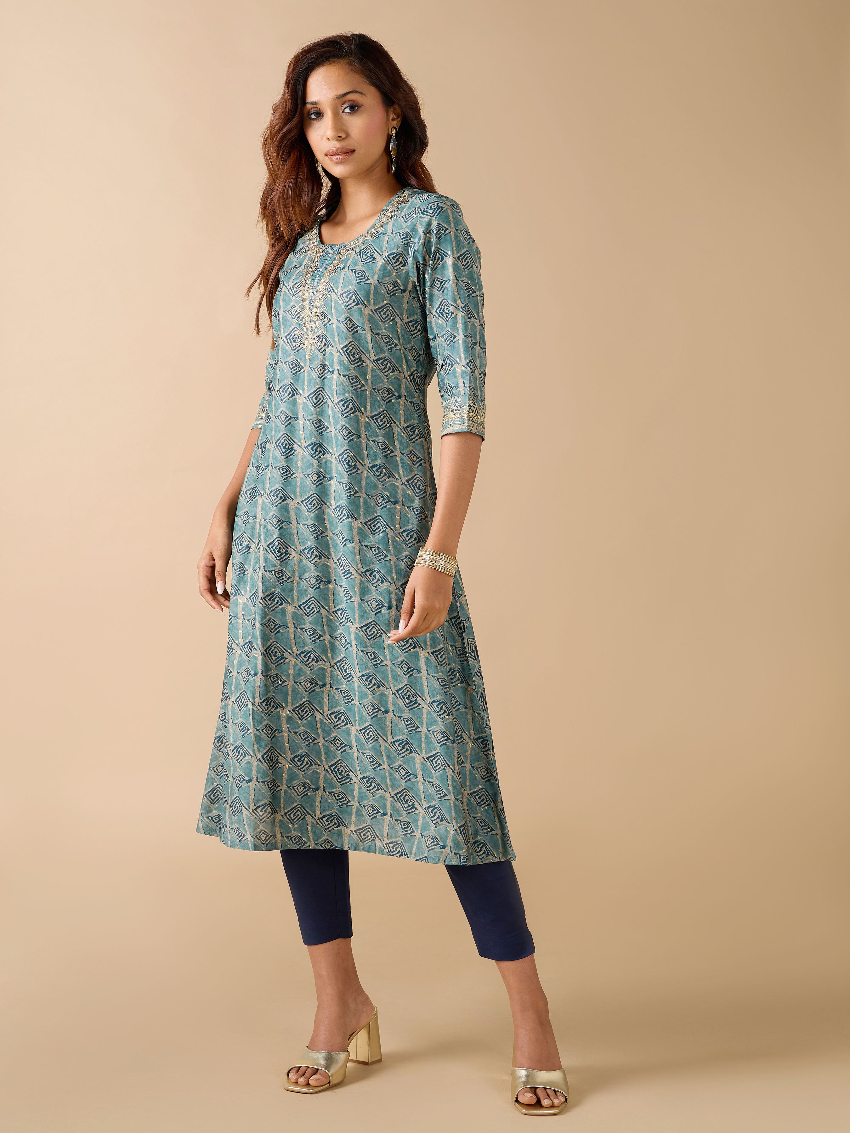 Teal Modal Chanderi Geometrical Printed Kurti With Sequins Embroidery