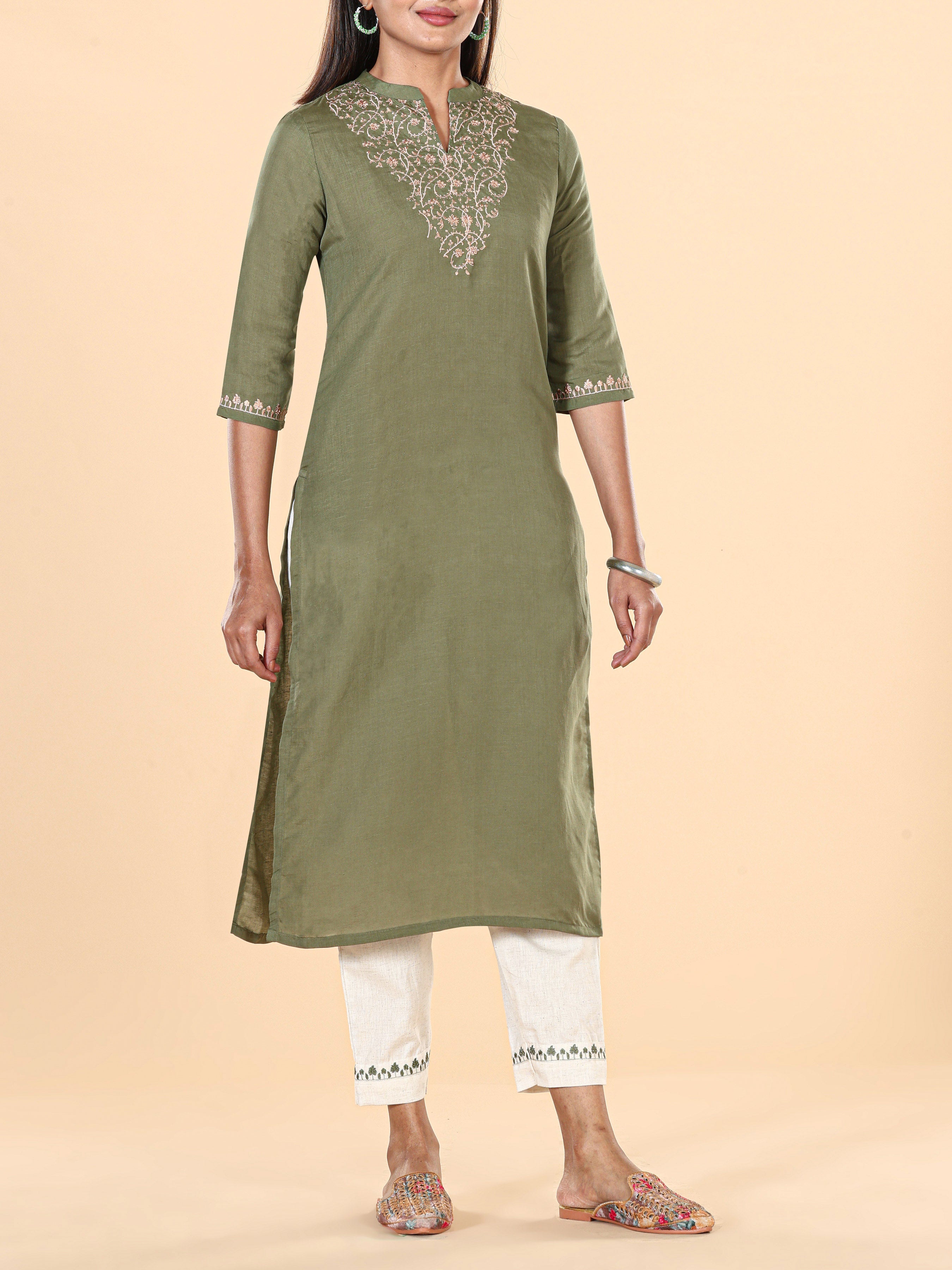 Olive Green Linen Embroidered Kurti With Bottom