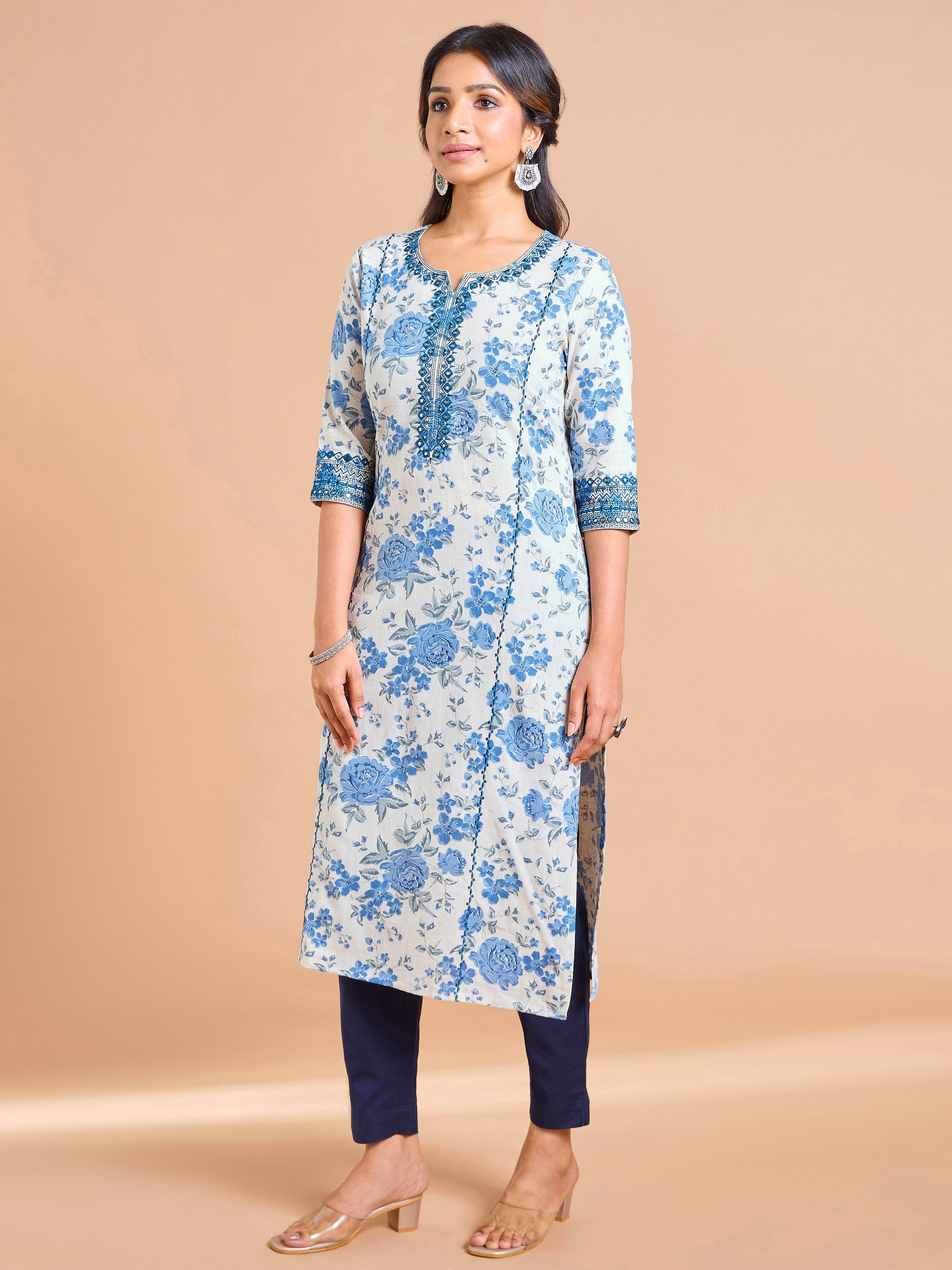 Ivory and Blue Cotton Flax Printed Kurti With Embroidery