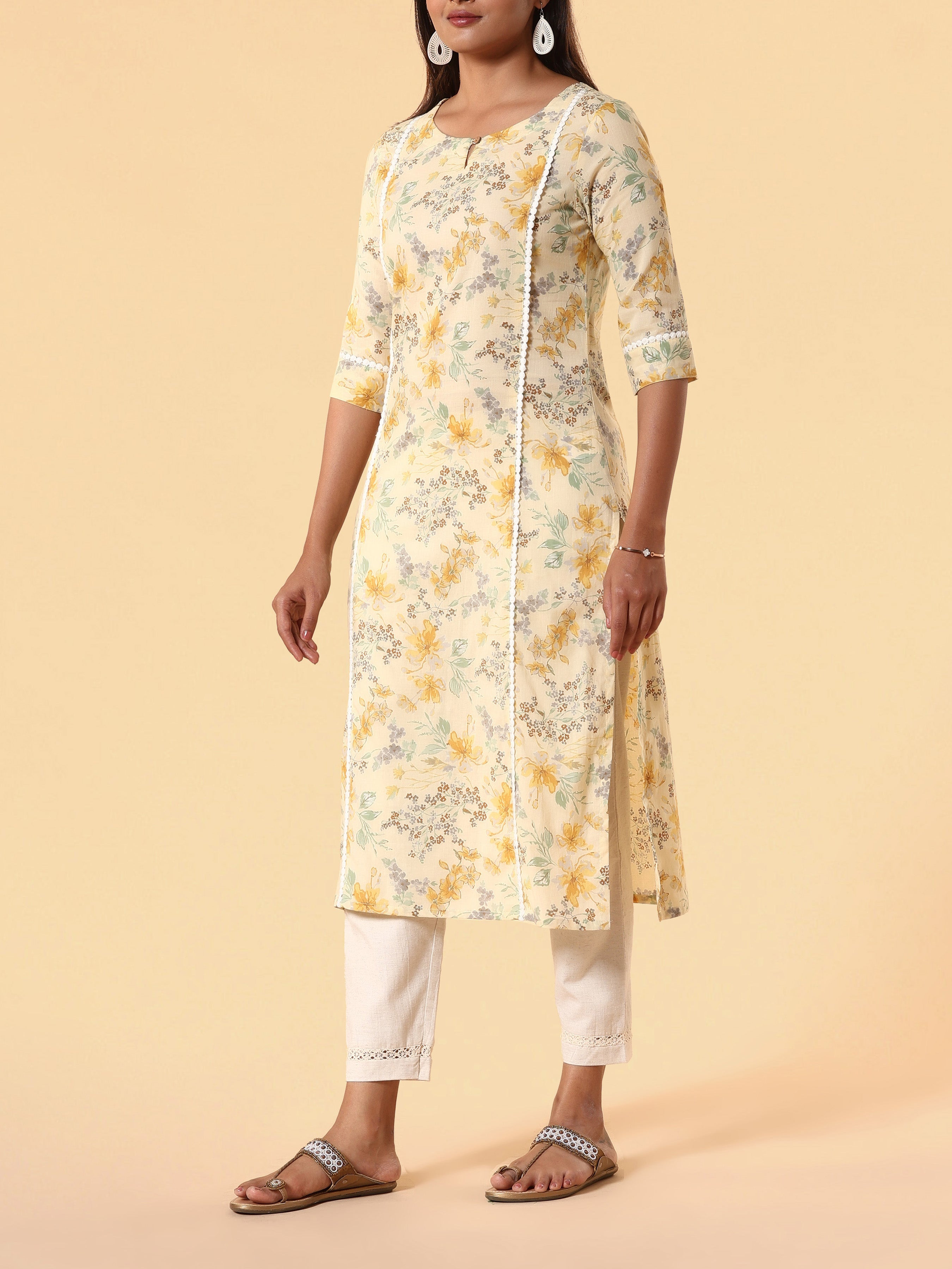 Yellow Pure Cotton Printed Kurti With Lace Detailing
