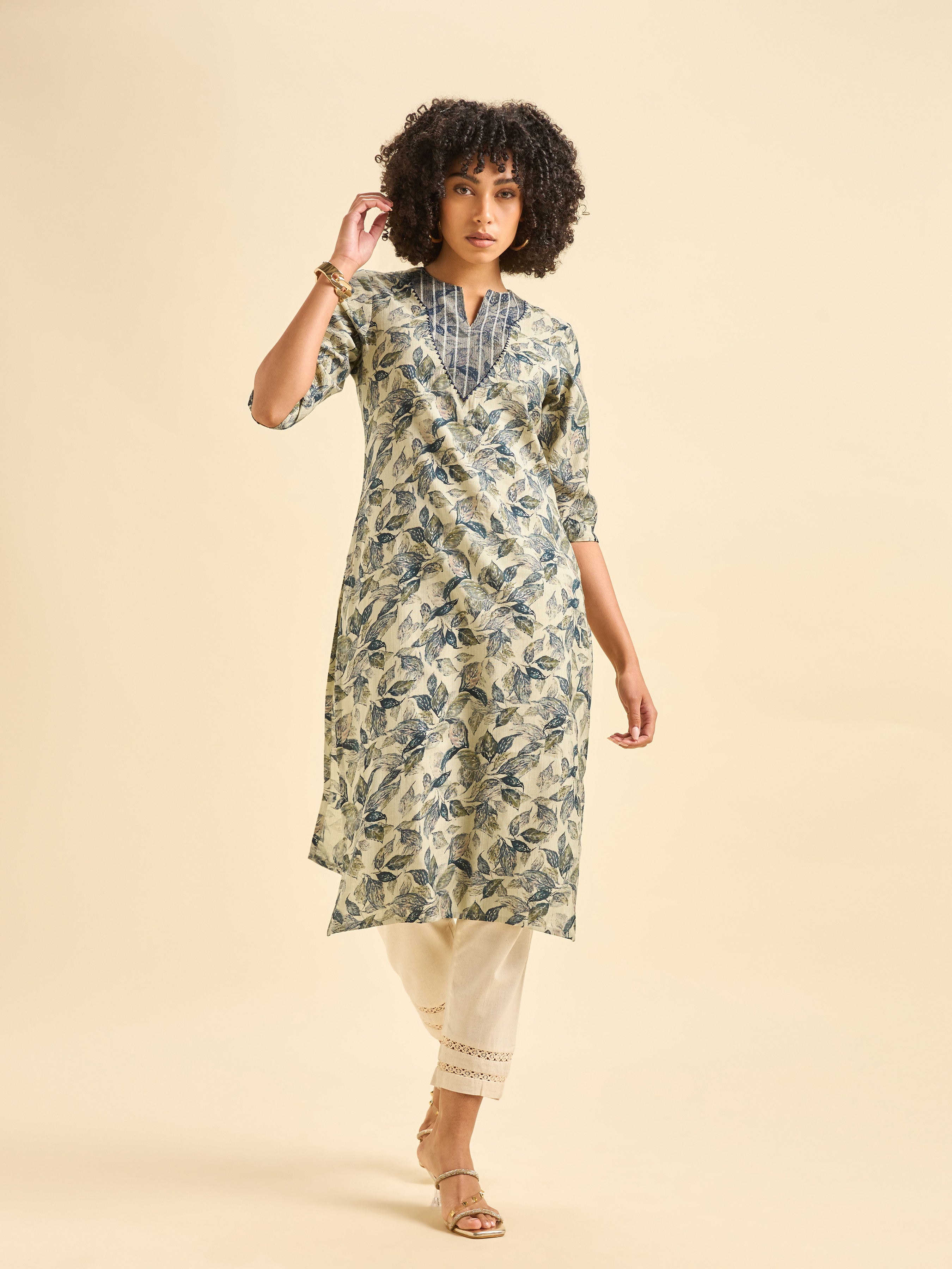 Ivory And Blue Viscose Blend Foil Printed Kurti With Embroidery