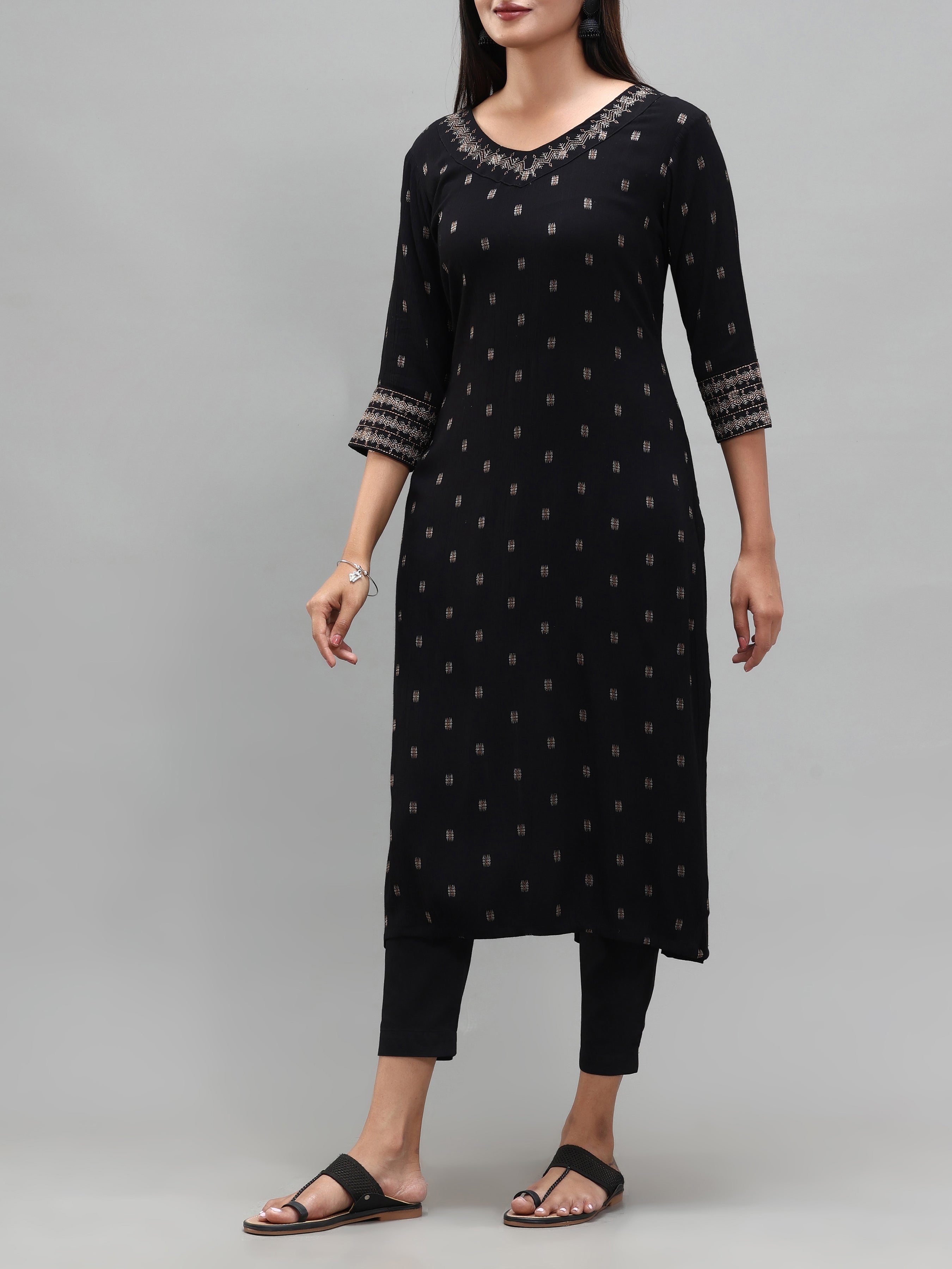 Black Wrinkle Viscose Kurti With Embroidery