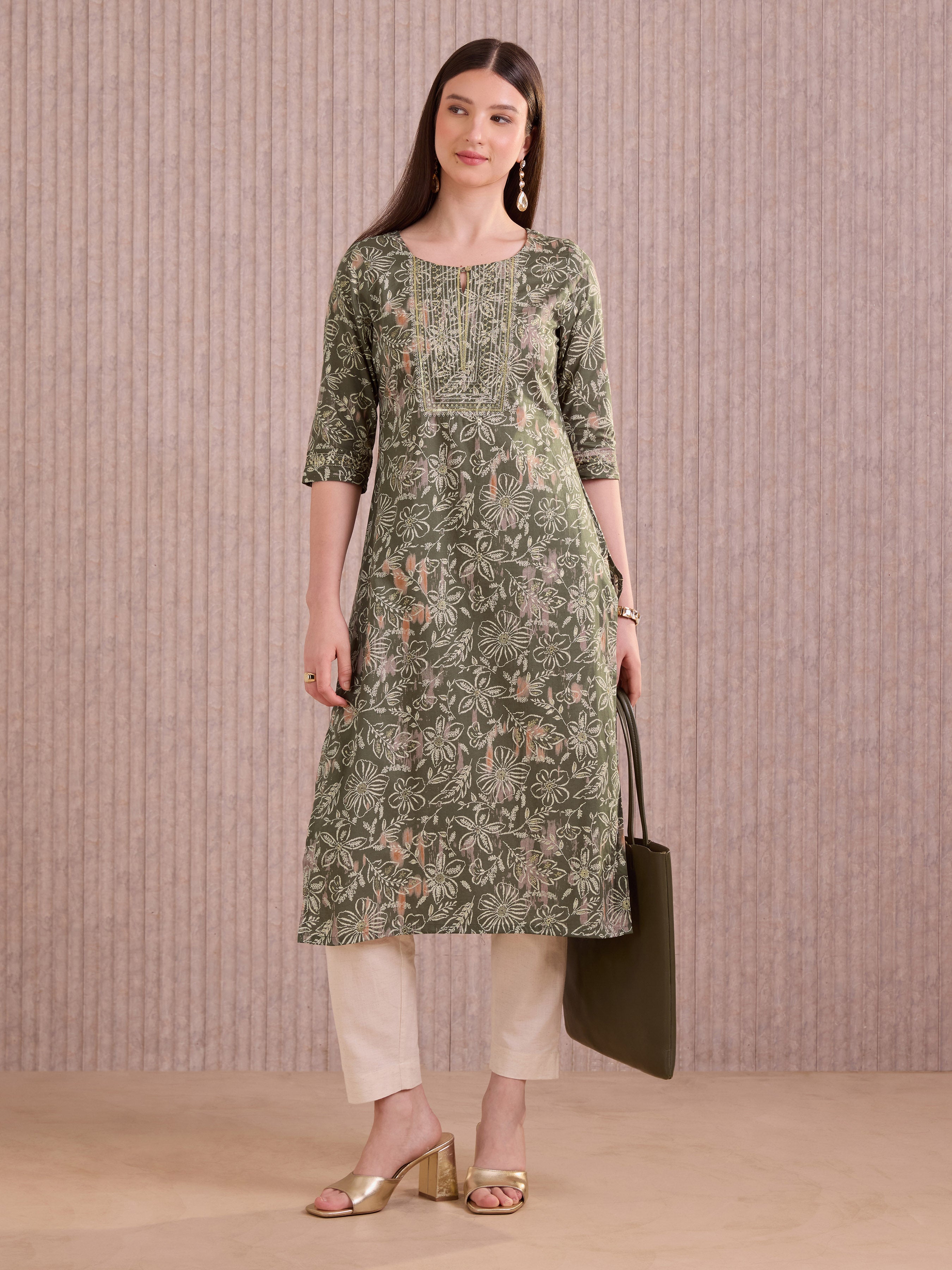 Olive Green Pure Cotton Foil Printed Kurti With Sequins Embroidery