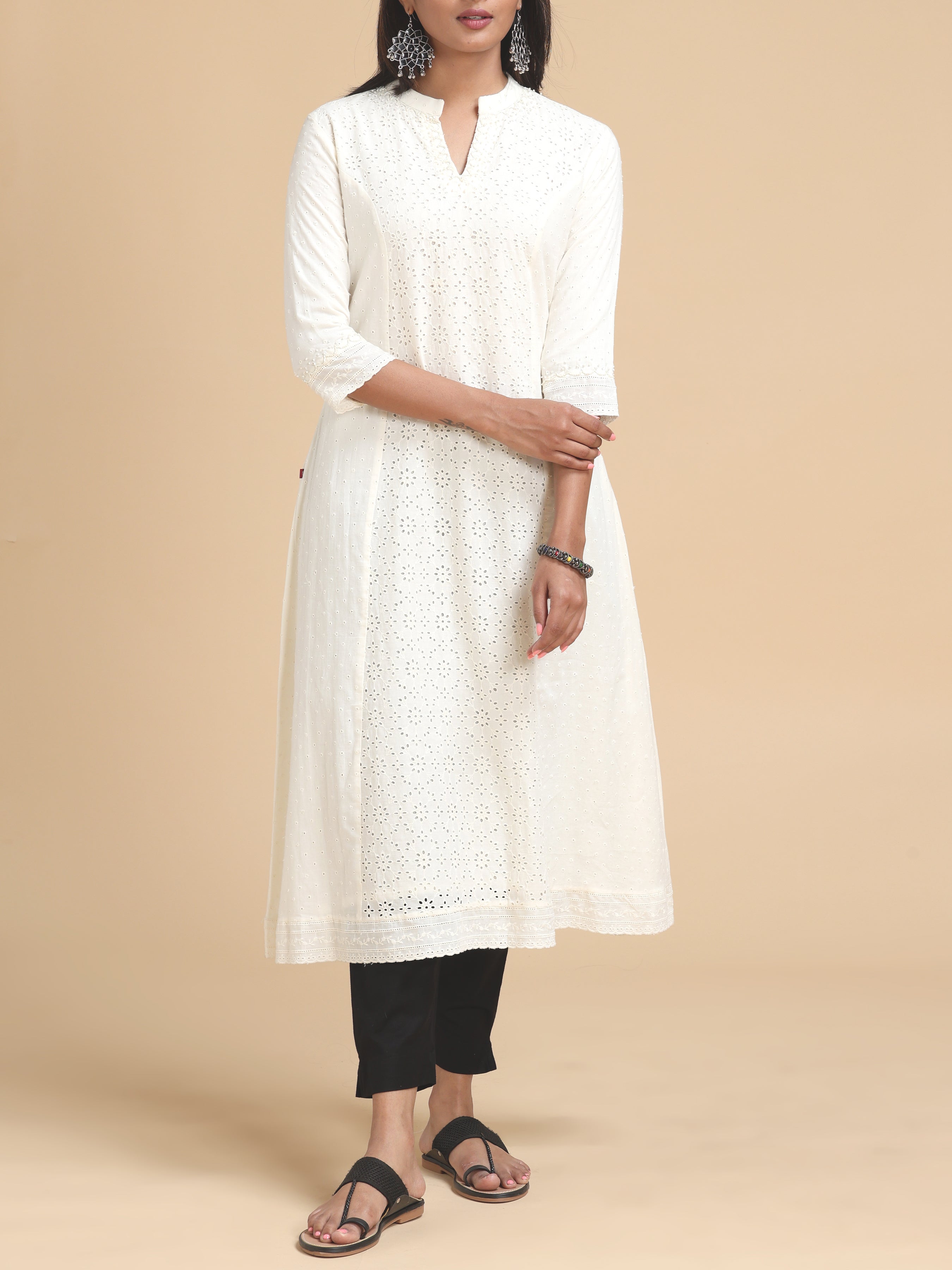Ivory Schiffli Kurti With Handwork