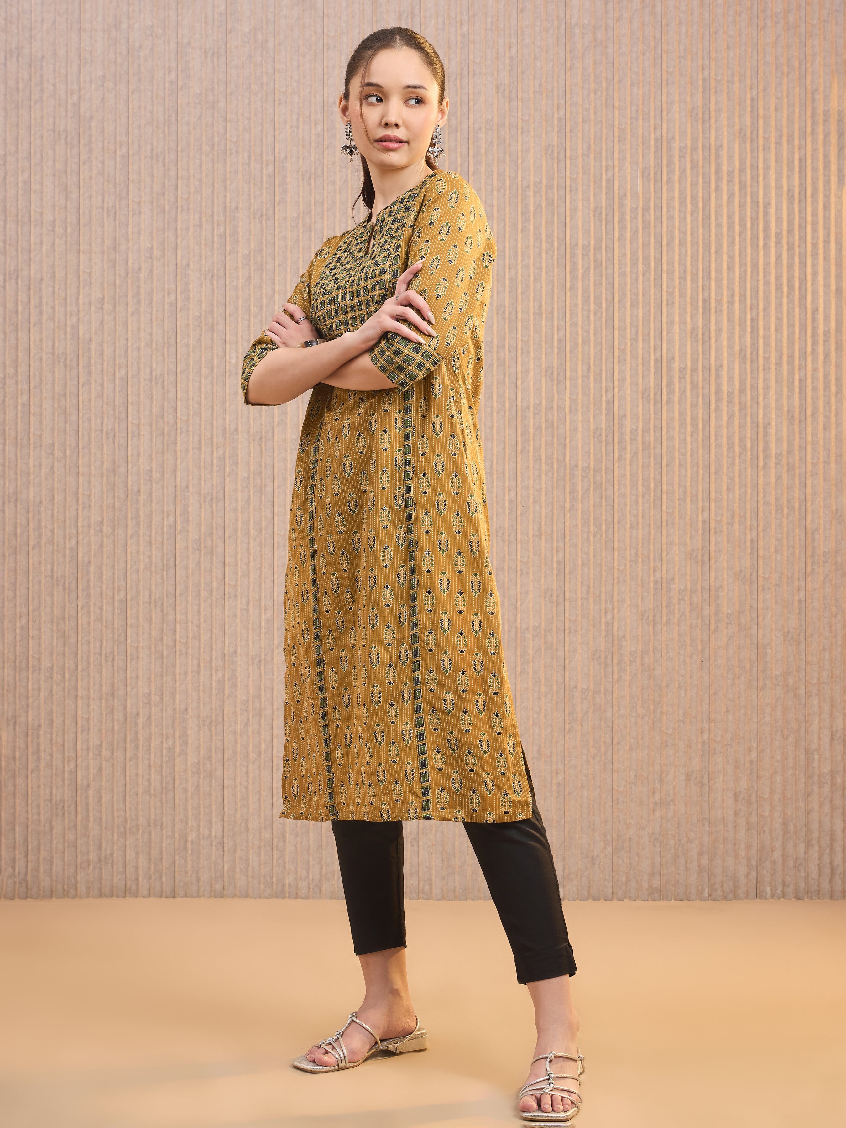 Mustard Yellow Cotton Katha Printed Kurti With Mirror Work Embroidery