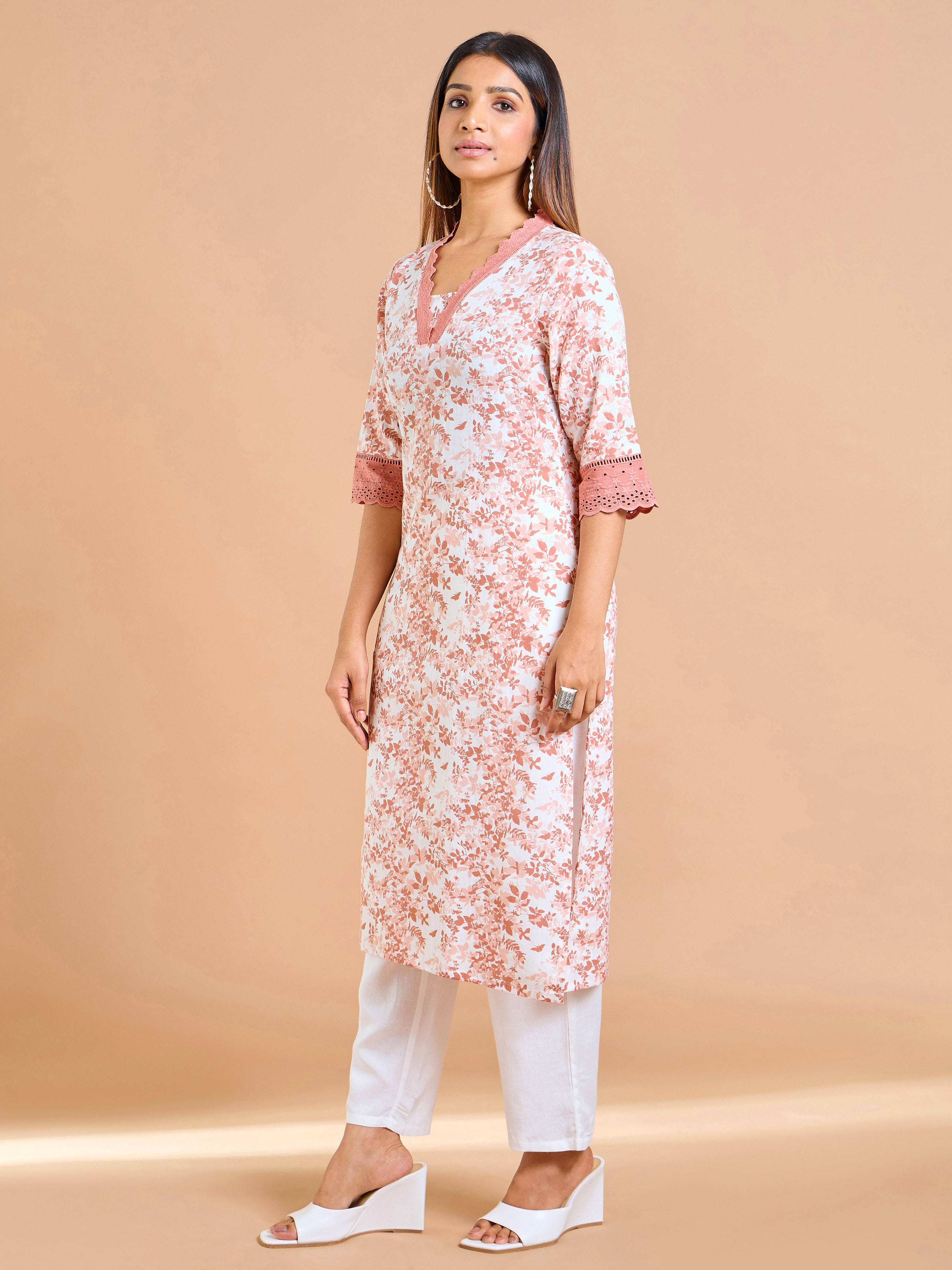 Peach Cotton Flax Printed Kurti With Lace
