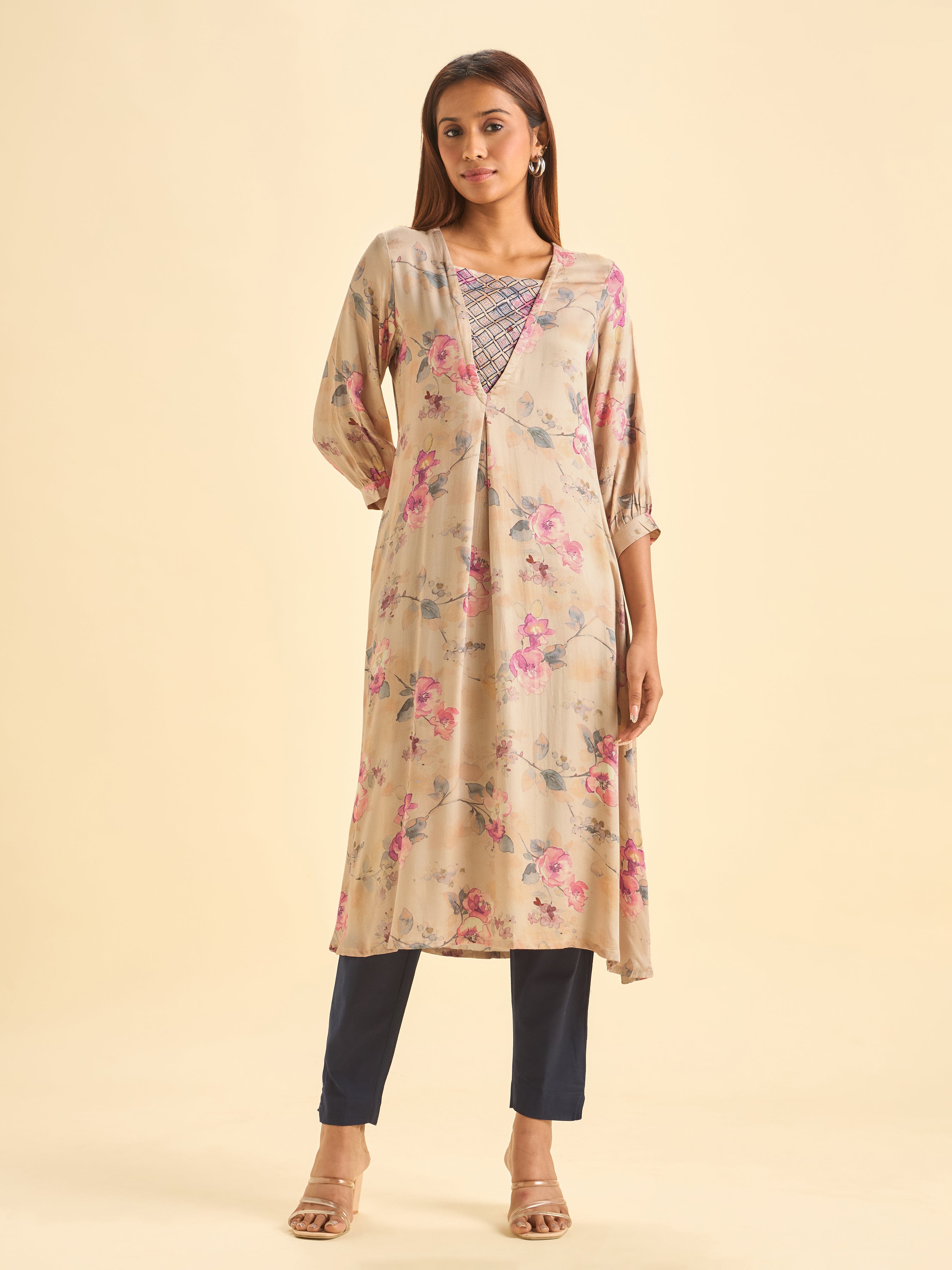 Beige Modal Satin Printed Flared Kurti