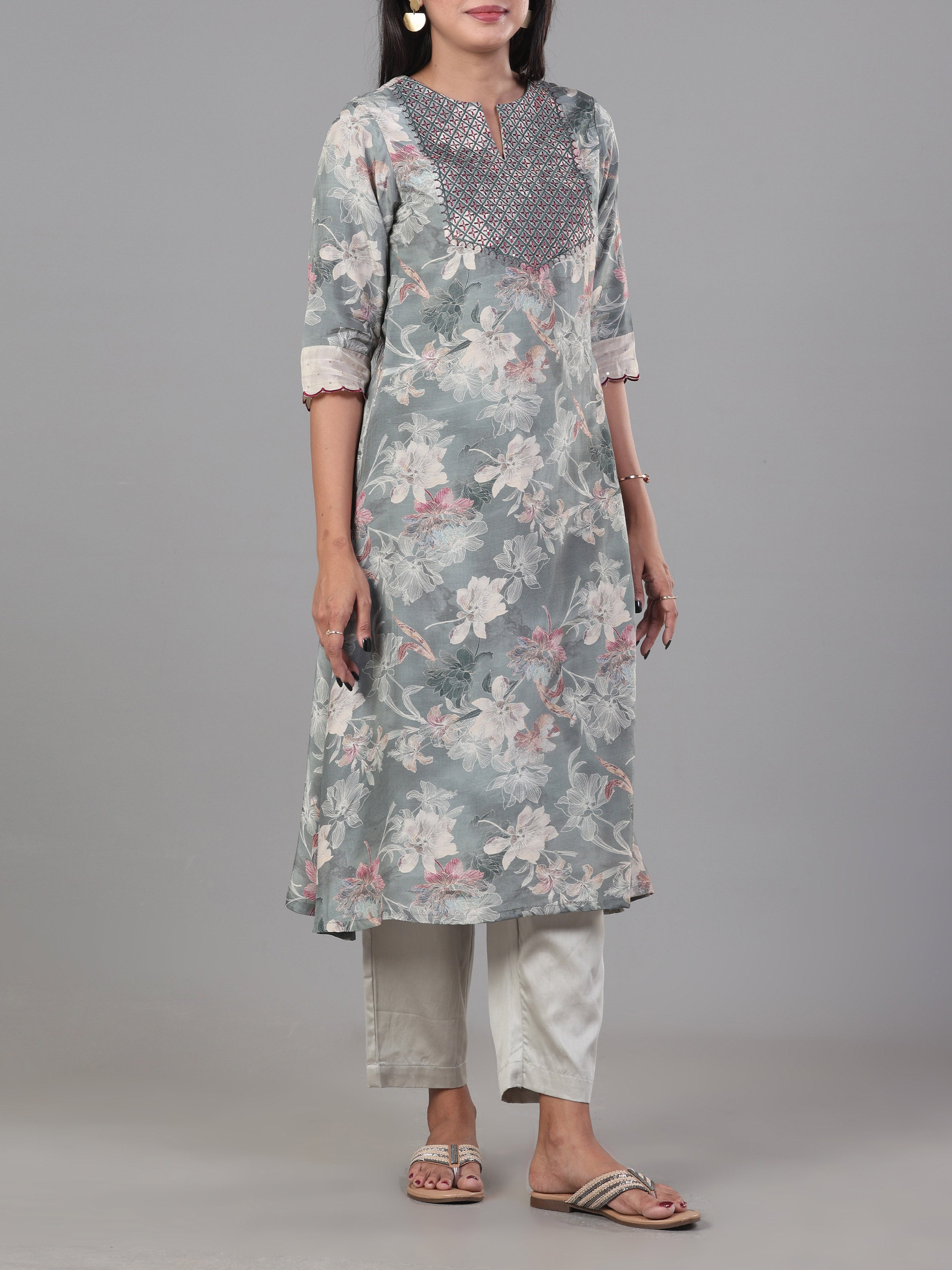 Multi Colour Muslin Printed Kurti With Embroidery And Matching Bottom