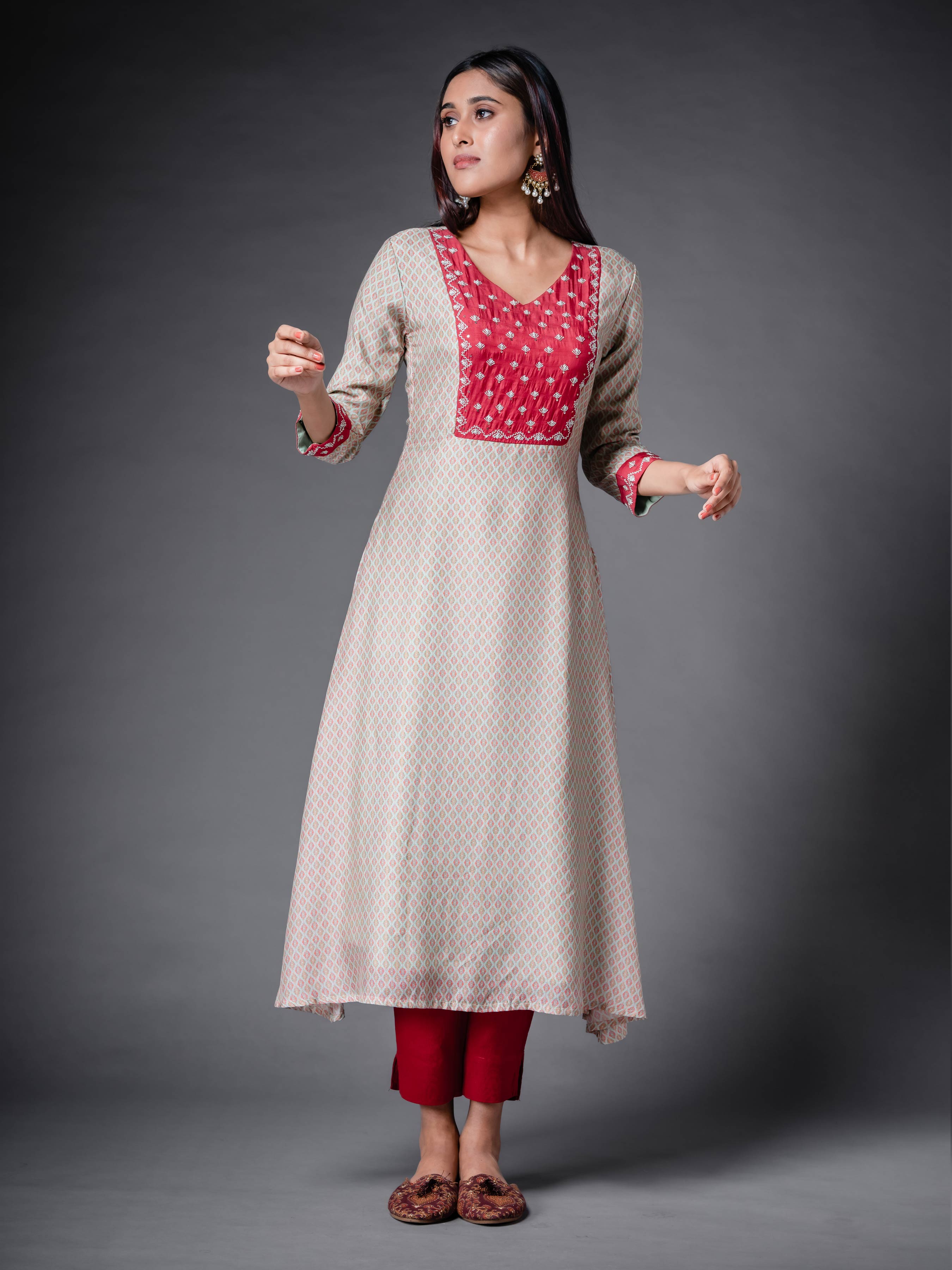 Beige Muslin Silk Kurti With Print And Hand Work