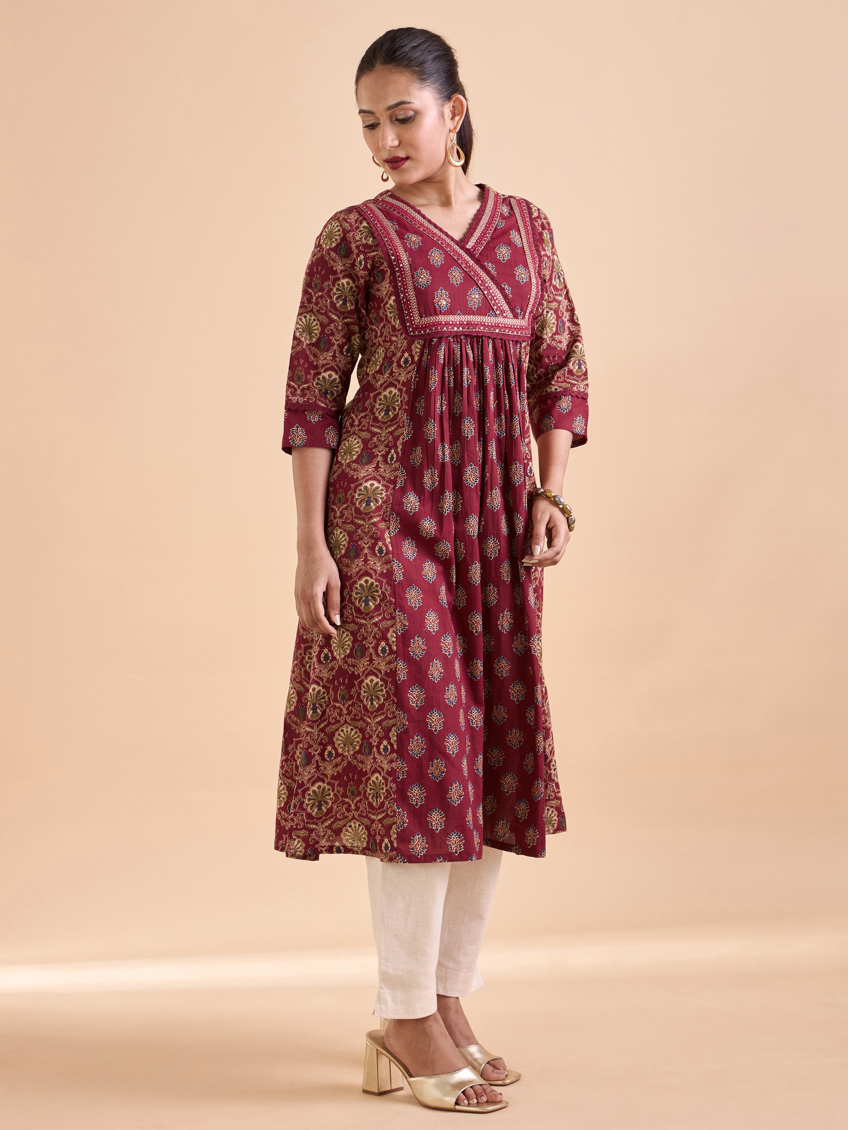 Red Pure Cotton Printed Kurti With Mirror Work