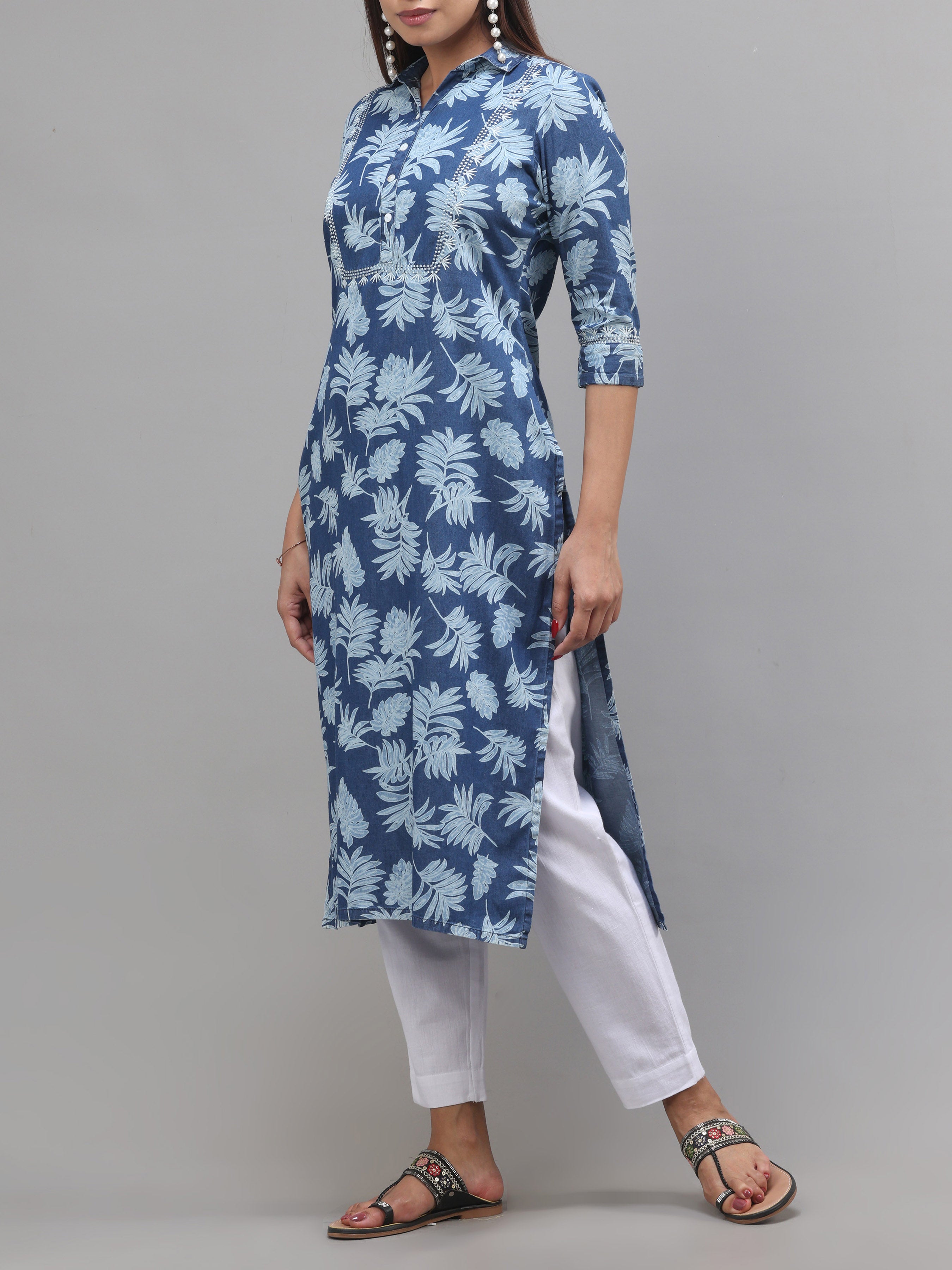 Denim Printed Kurti With Embroidery