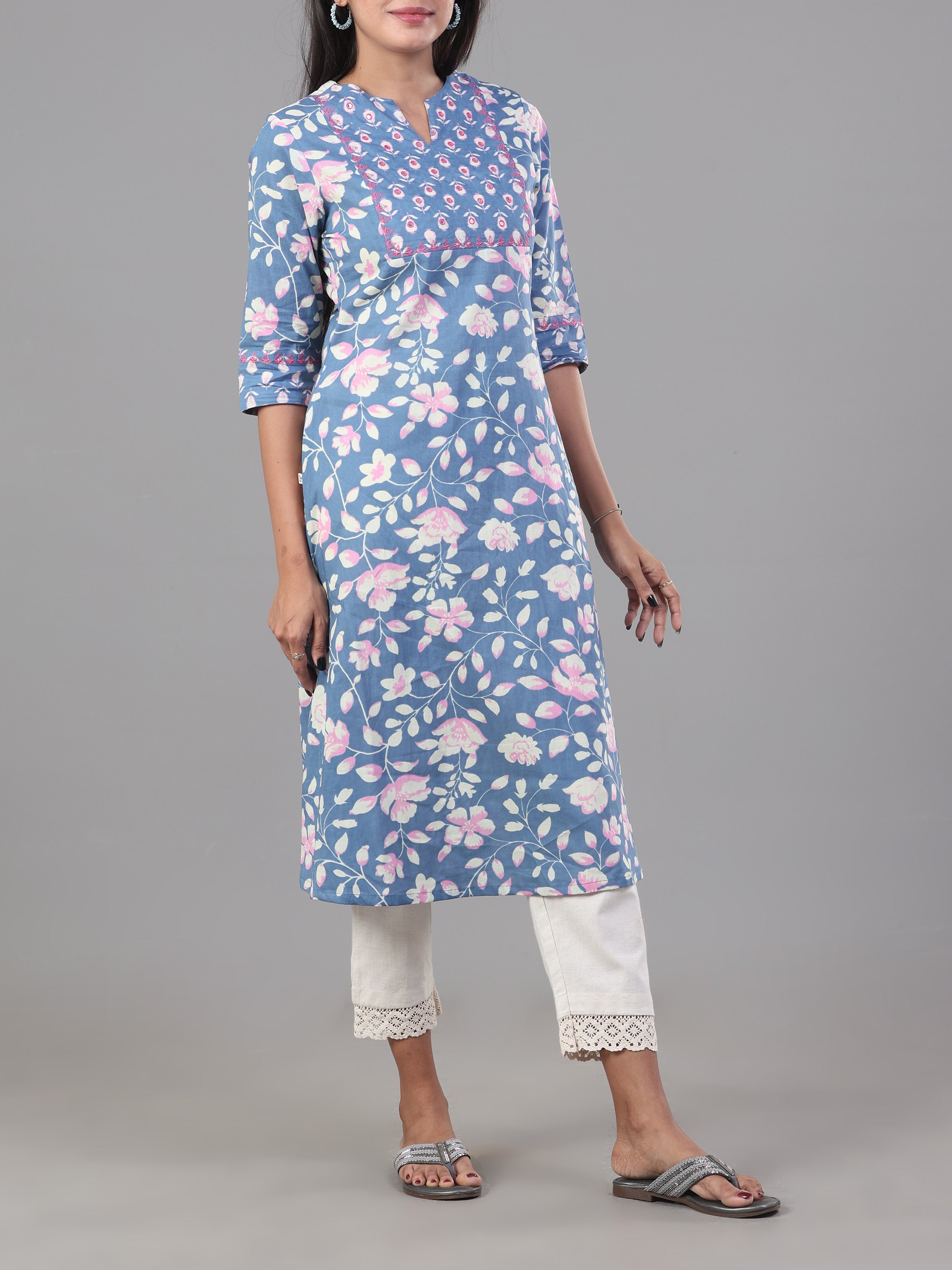 Denim Blue Pure Cotton Printed Kurti With Embroidery