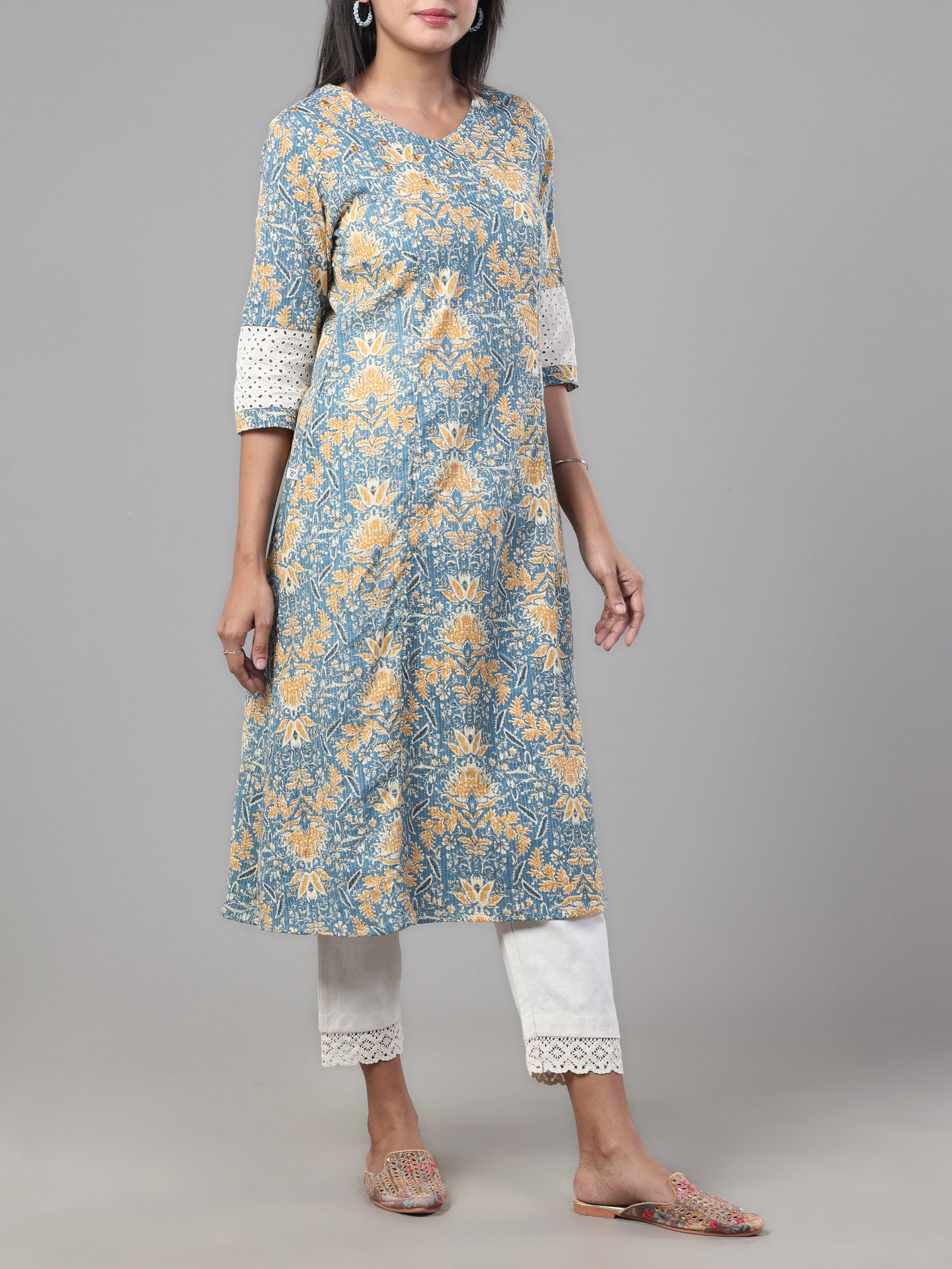 Light Blue Pure Cotton Printed Kurti With Mirror Work