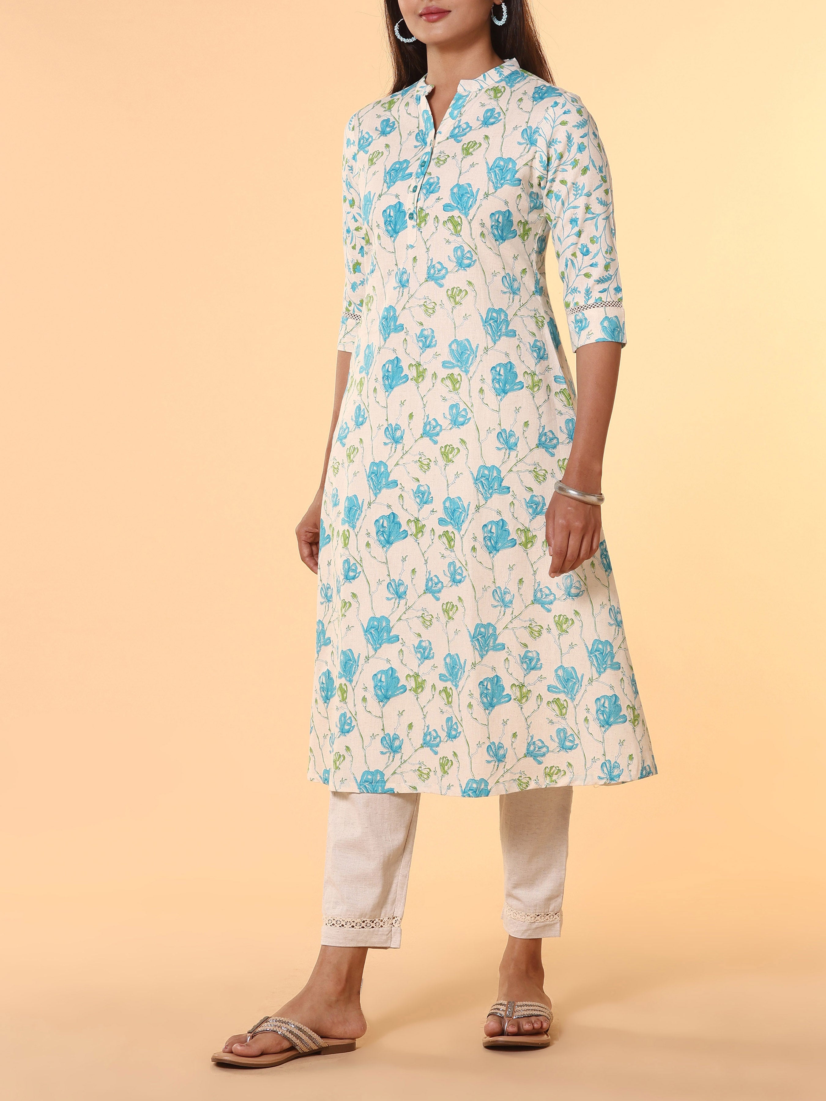 Multi Colour Cotton Flax Printed Kurti With Lace Detailing