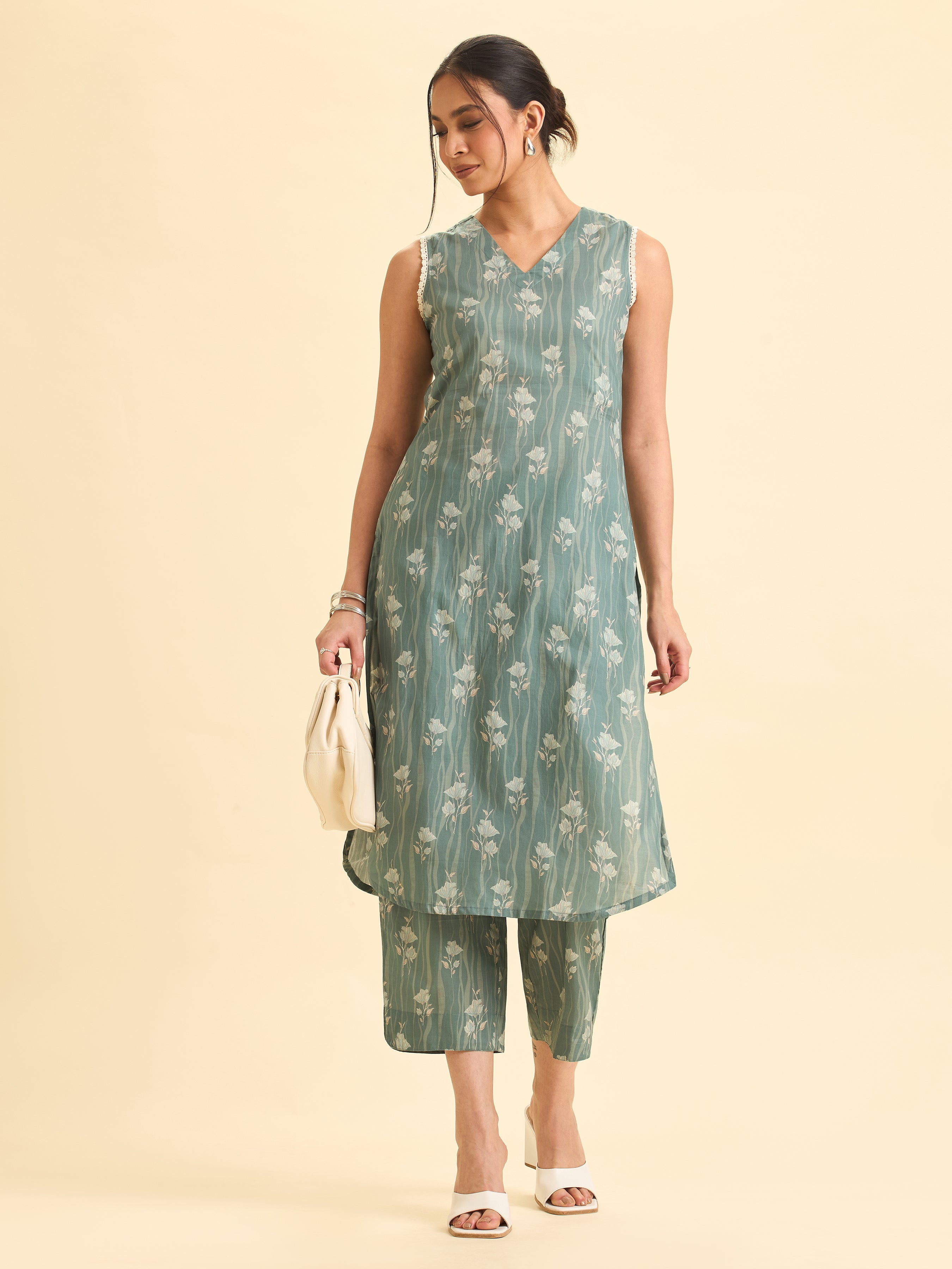 Sage Green Muticolour Pure Cotton Printed Slited Kurti Set With Lace