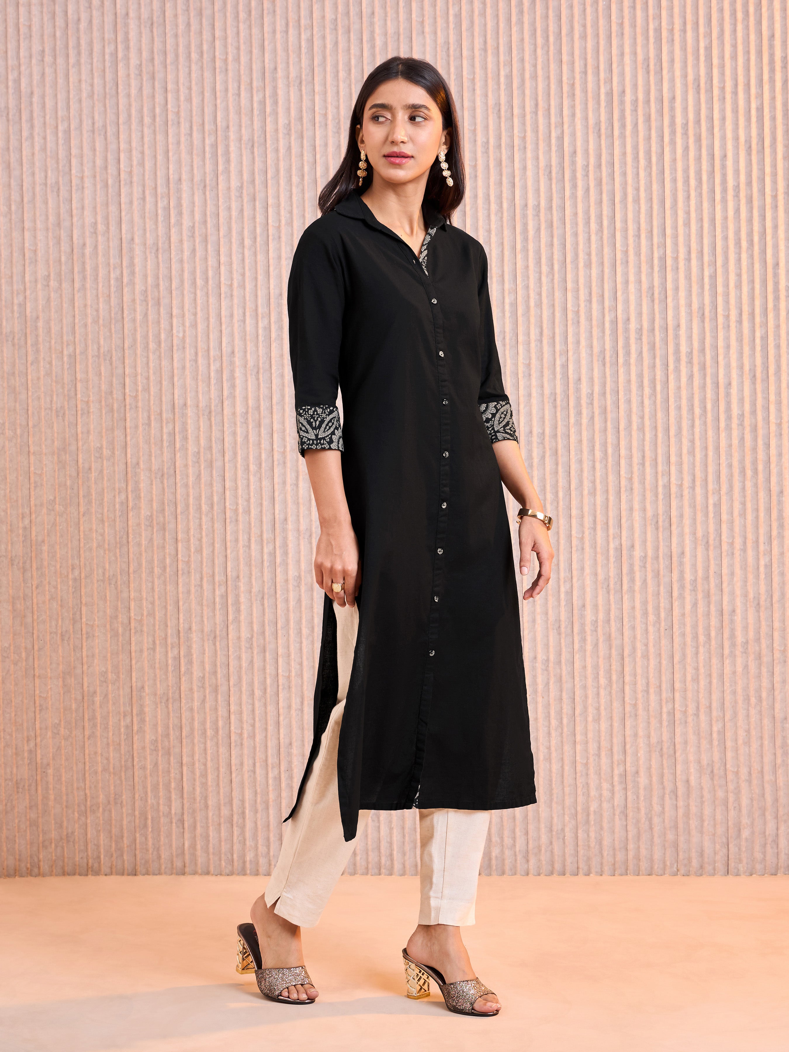 Black Cotton Flax Printed Kurti With Embroidery