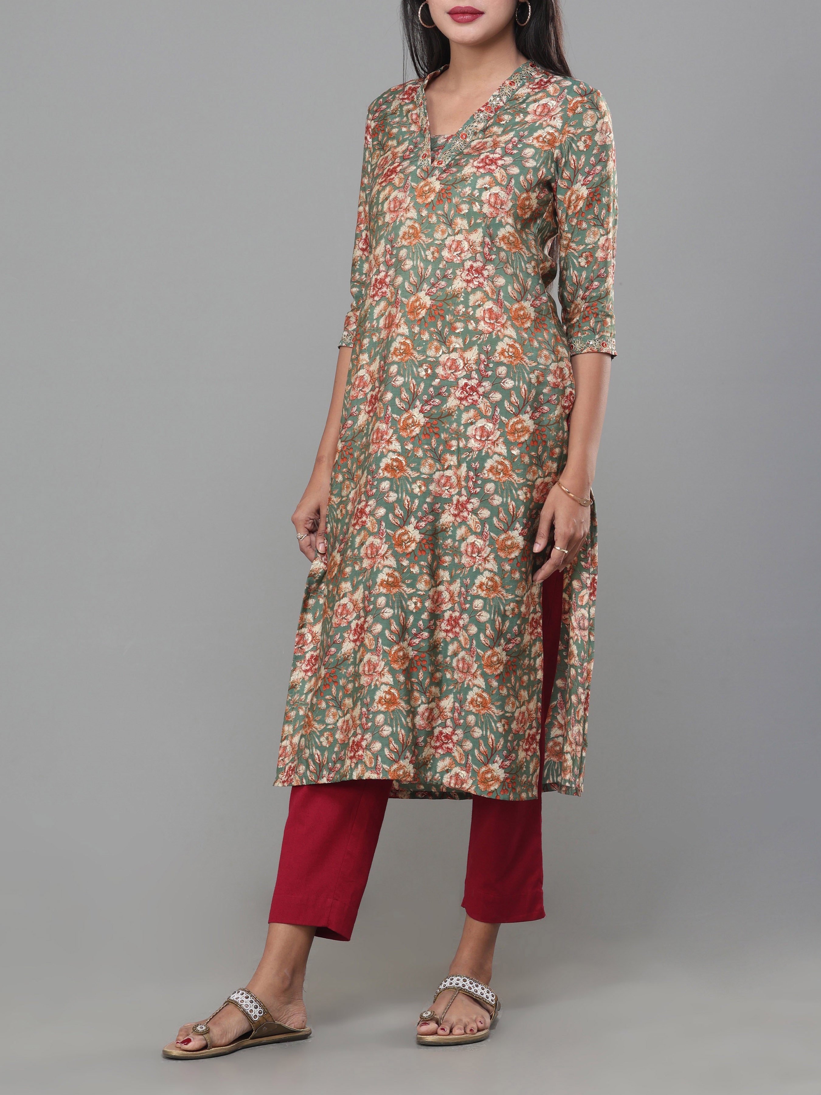 Multi Colour Modal Chanderi Printed Kurti With Embroidery