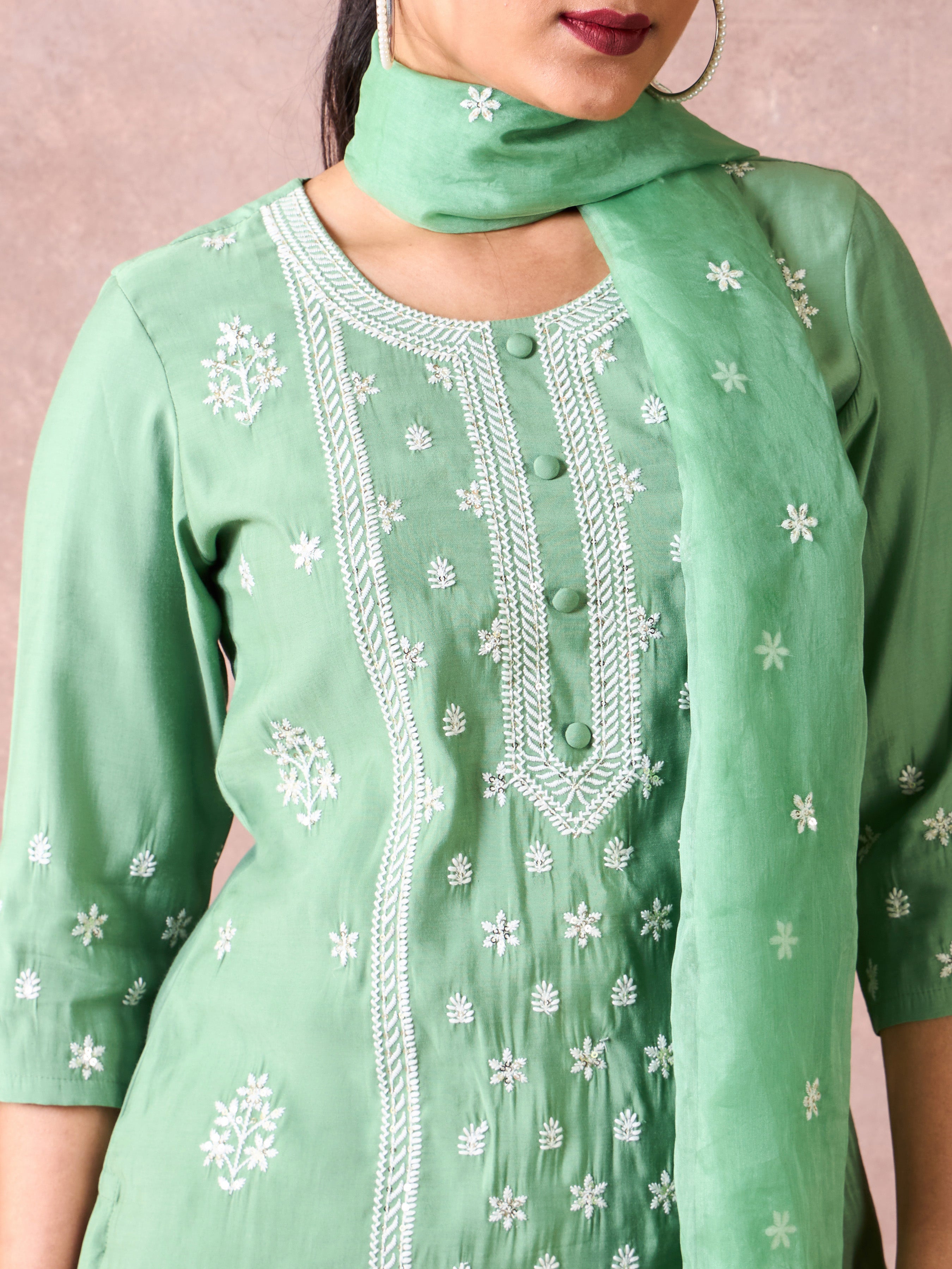 Mint Green Viscose Blend Kurti Set & Dupatta With Embroidery