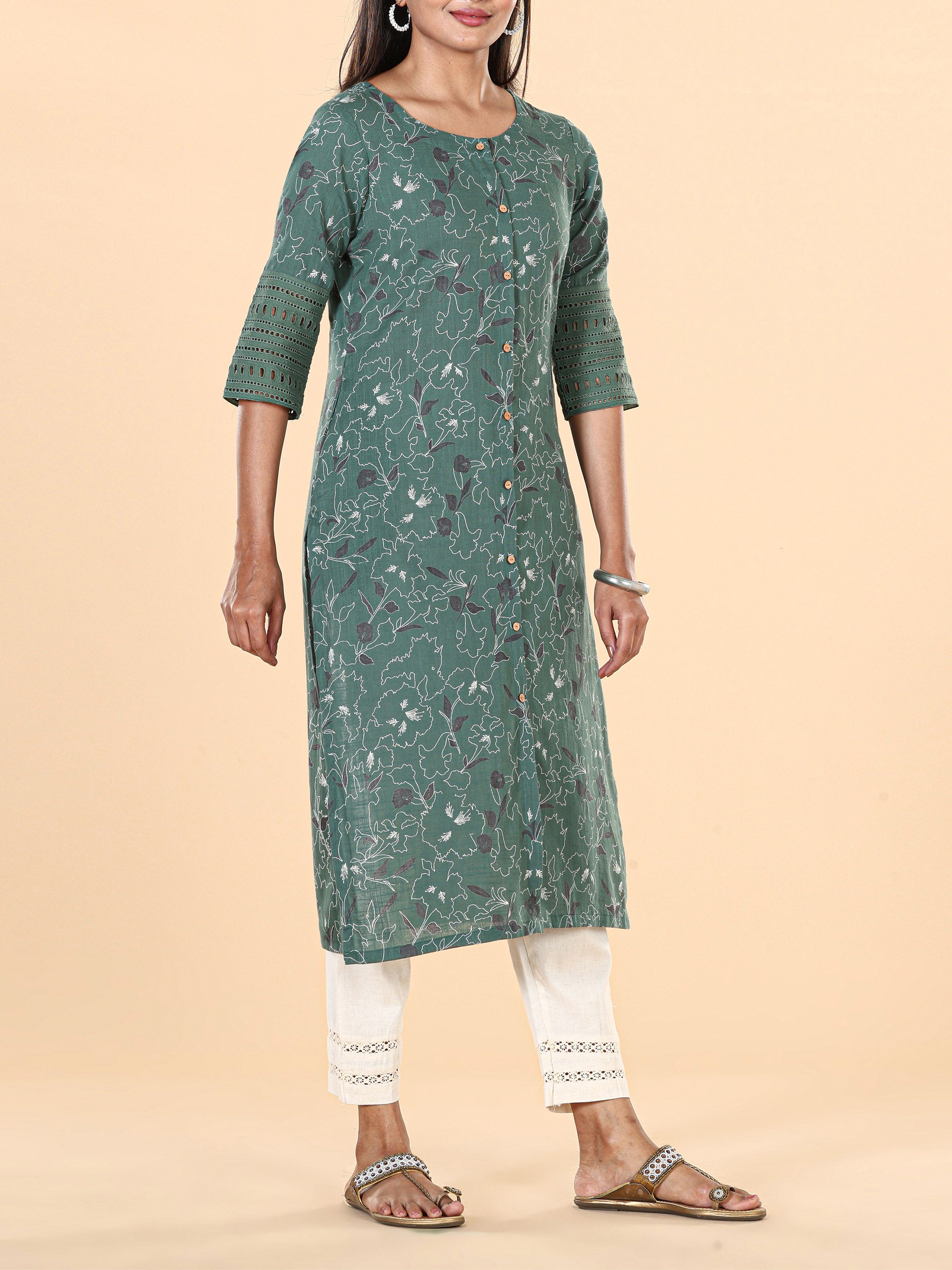 Bottle Green Cotton Slub Printed Kurti With Lace Detailing