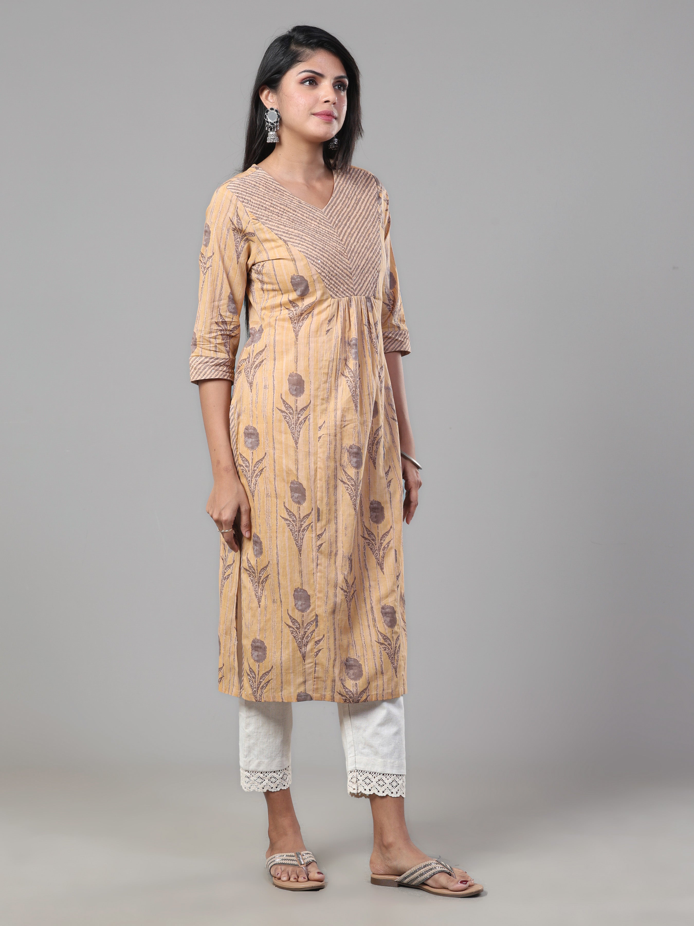 Beige Pure Cotton Printed Kurti With Embroidery