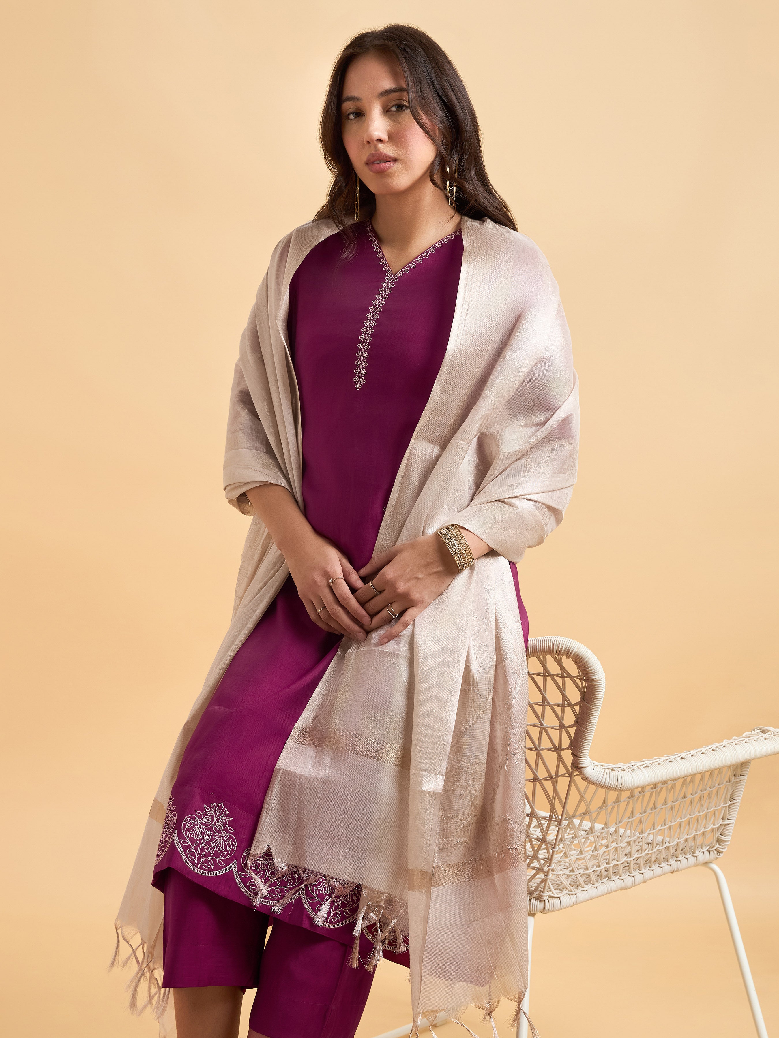 Magenta Viscose Blend Kurti Set With Dupatta And Sequence Embroidery