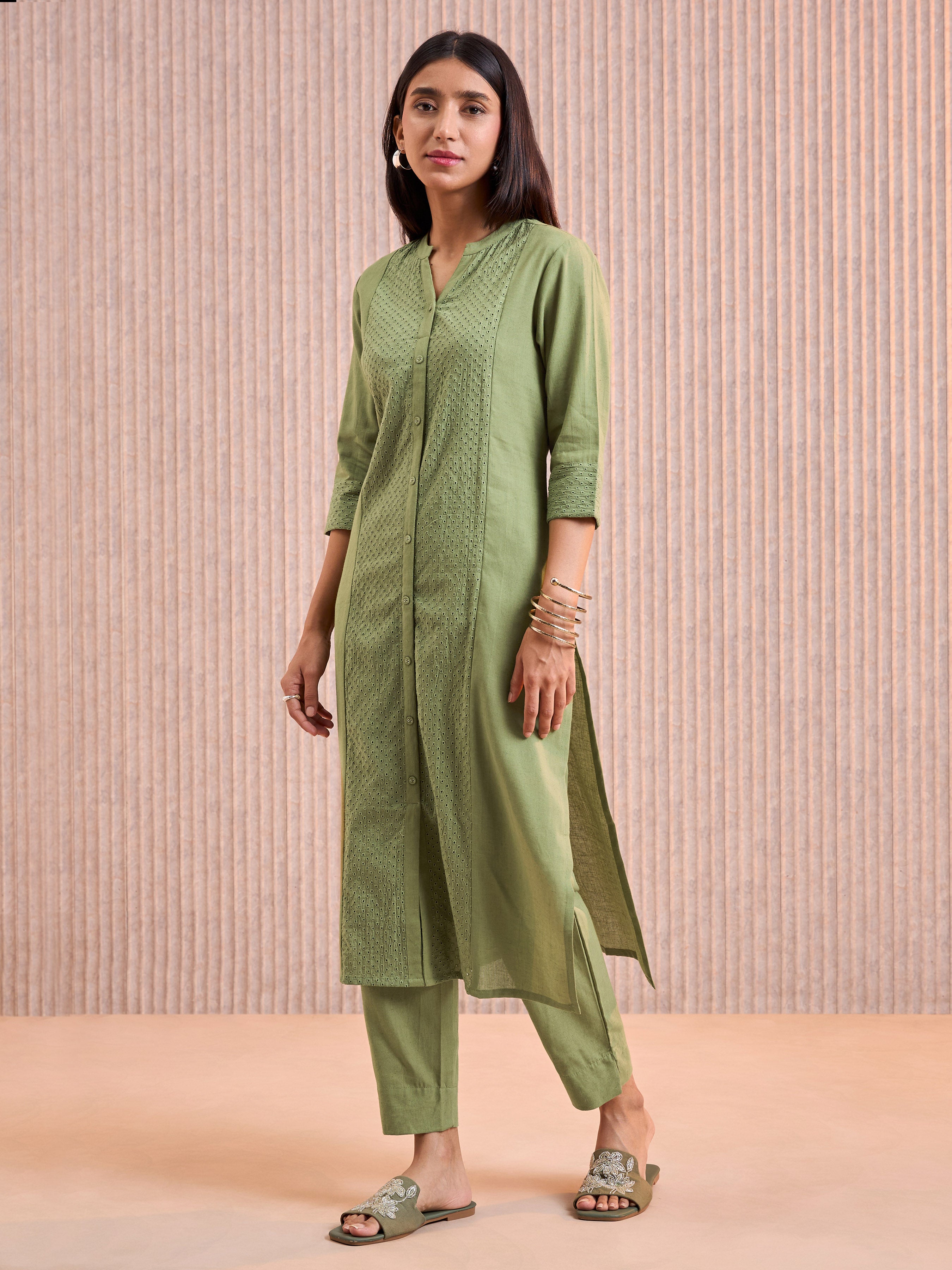 Olive Green Cotton Flax Kurti & Bottom With Lace