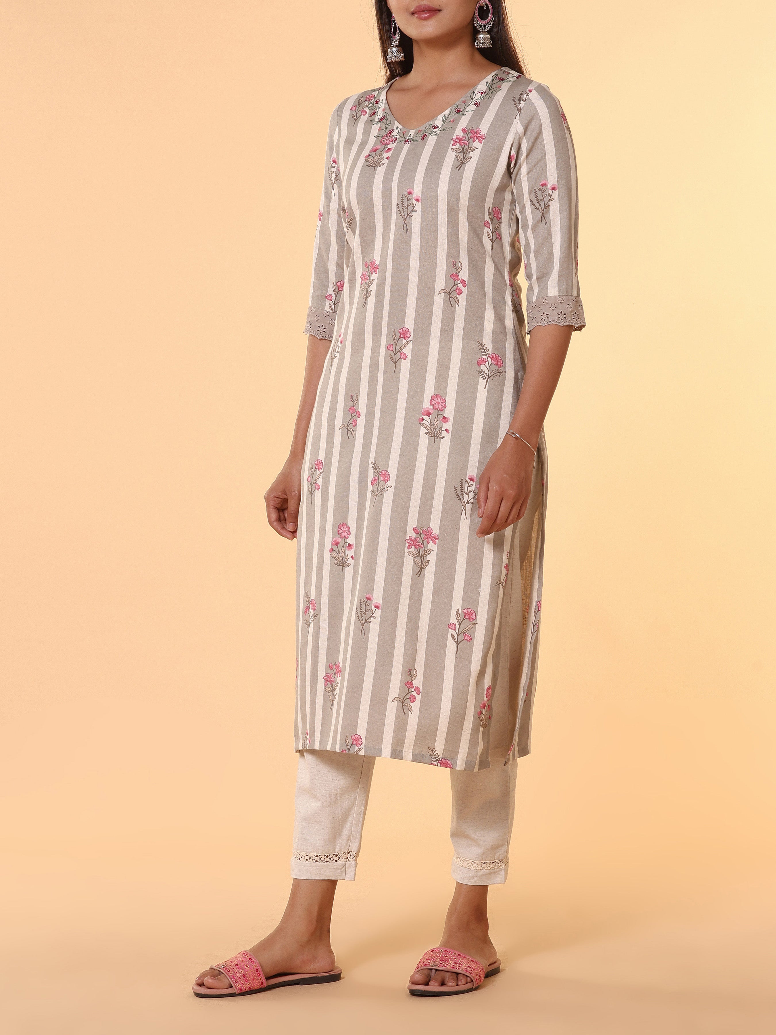 Multi Colour Cotton Flax Printed Kurti With Embroidery And Lace Detailing
