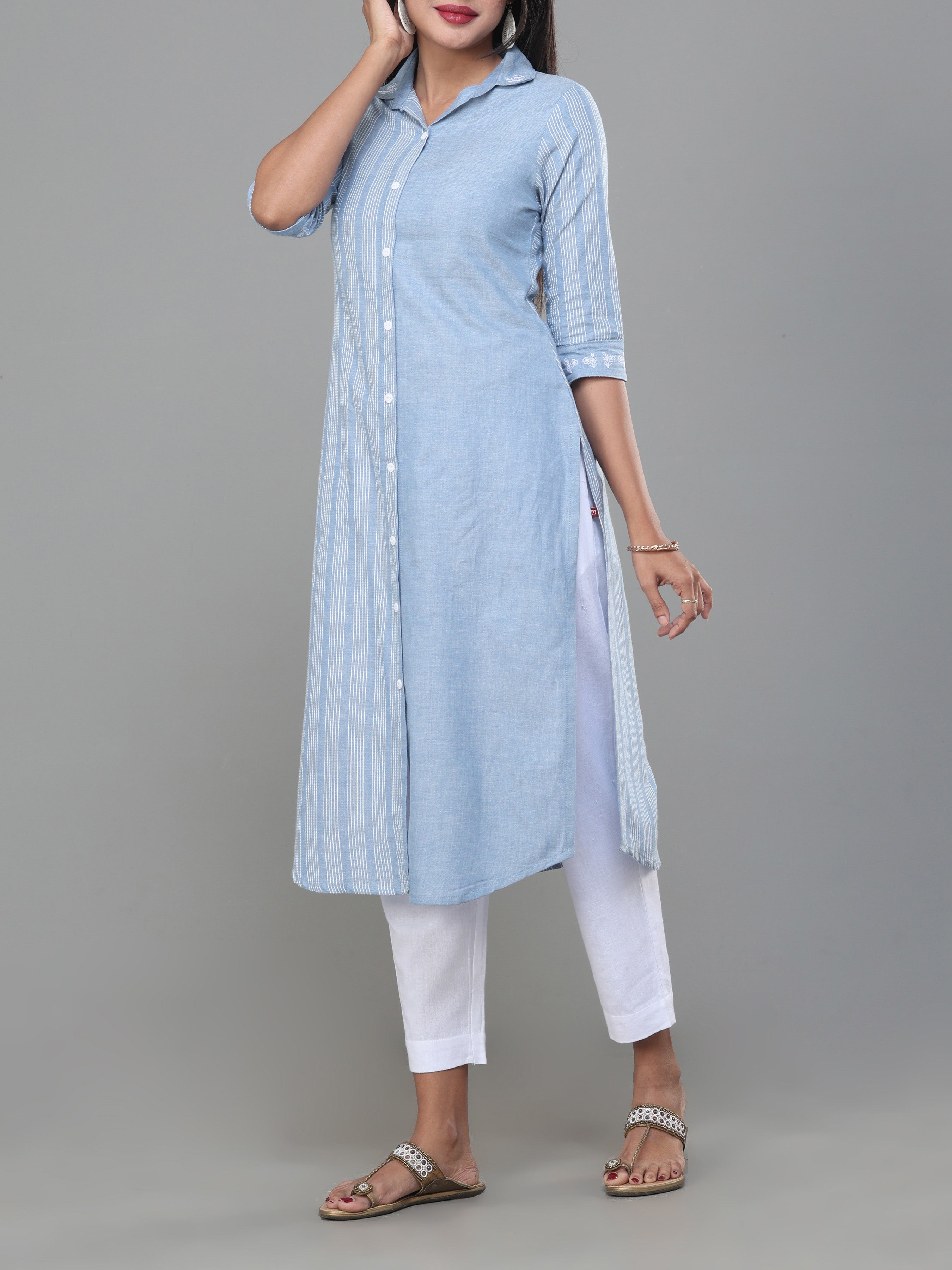 Denim Blue Cotton Dobby Kurti With Shirt Collar