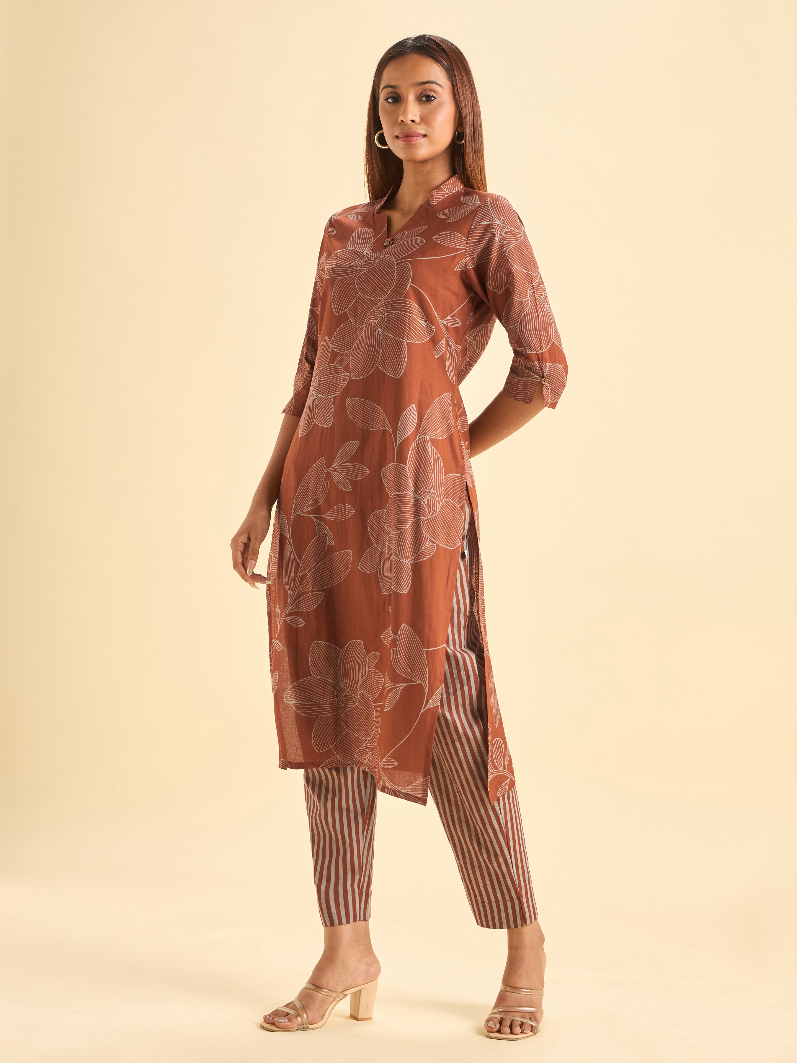Rust Orange Pure Cotton Slit Kurti With Print
