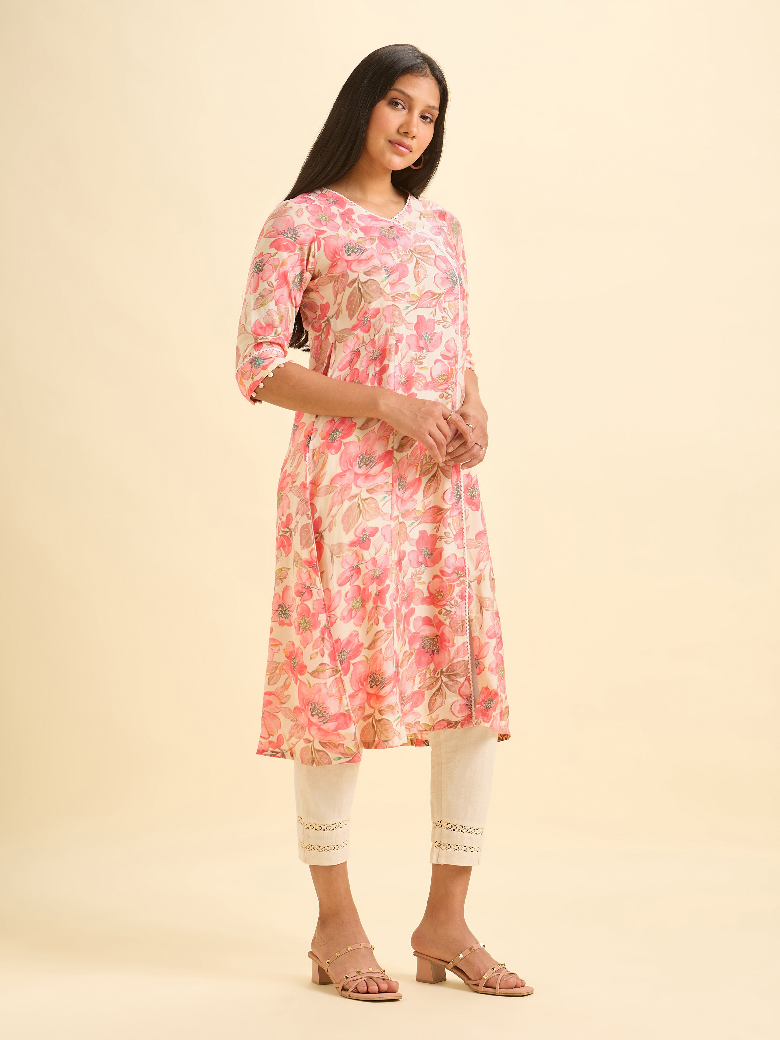 Ivory Printed Modal Chanderi Kurti With Lace