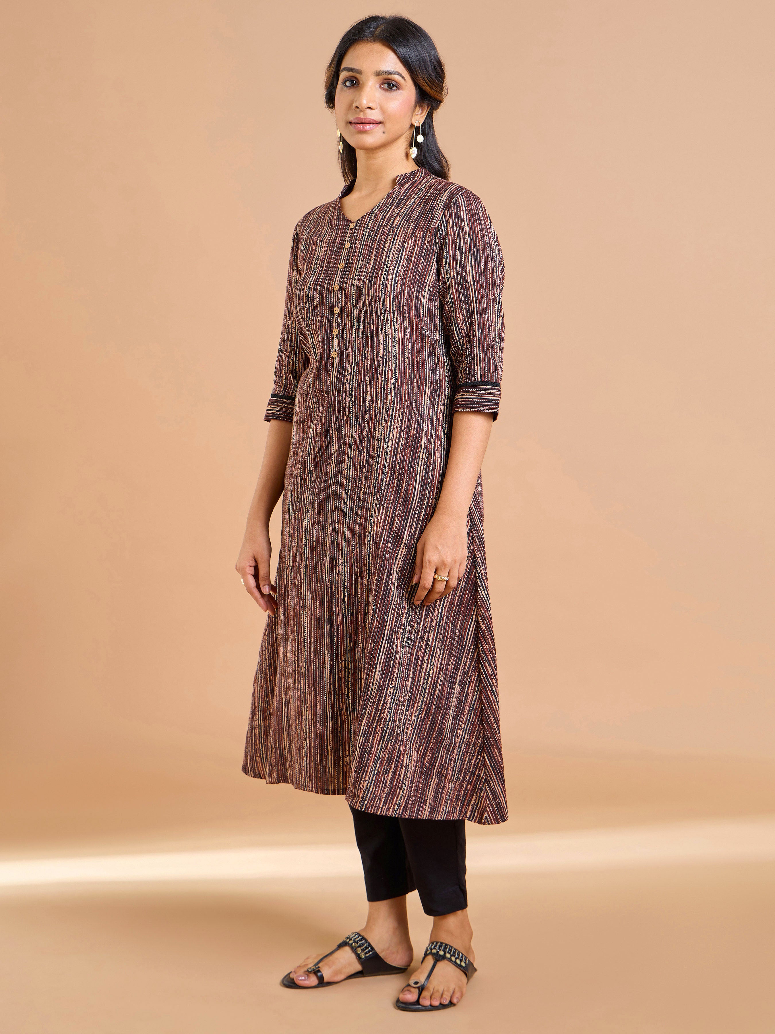 Coffee Brown Pure Cotton Katha Printed Kurti With Princess Cut