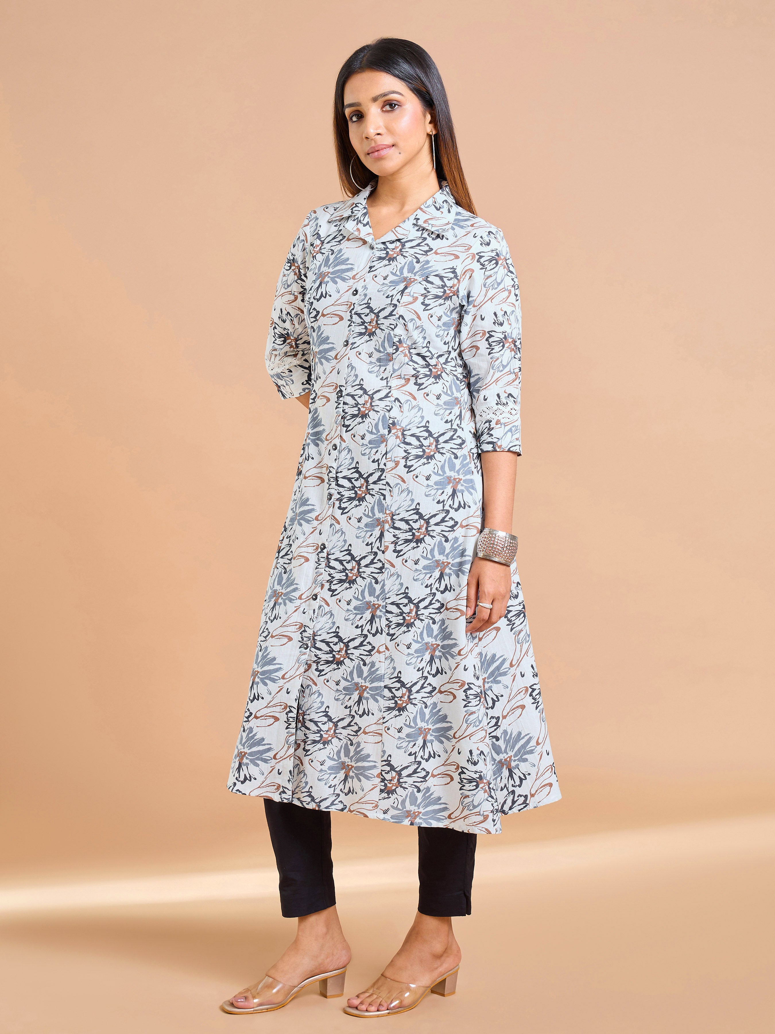 Black And White Cotton Flax Printed Kurti
